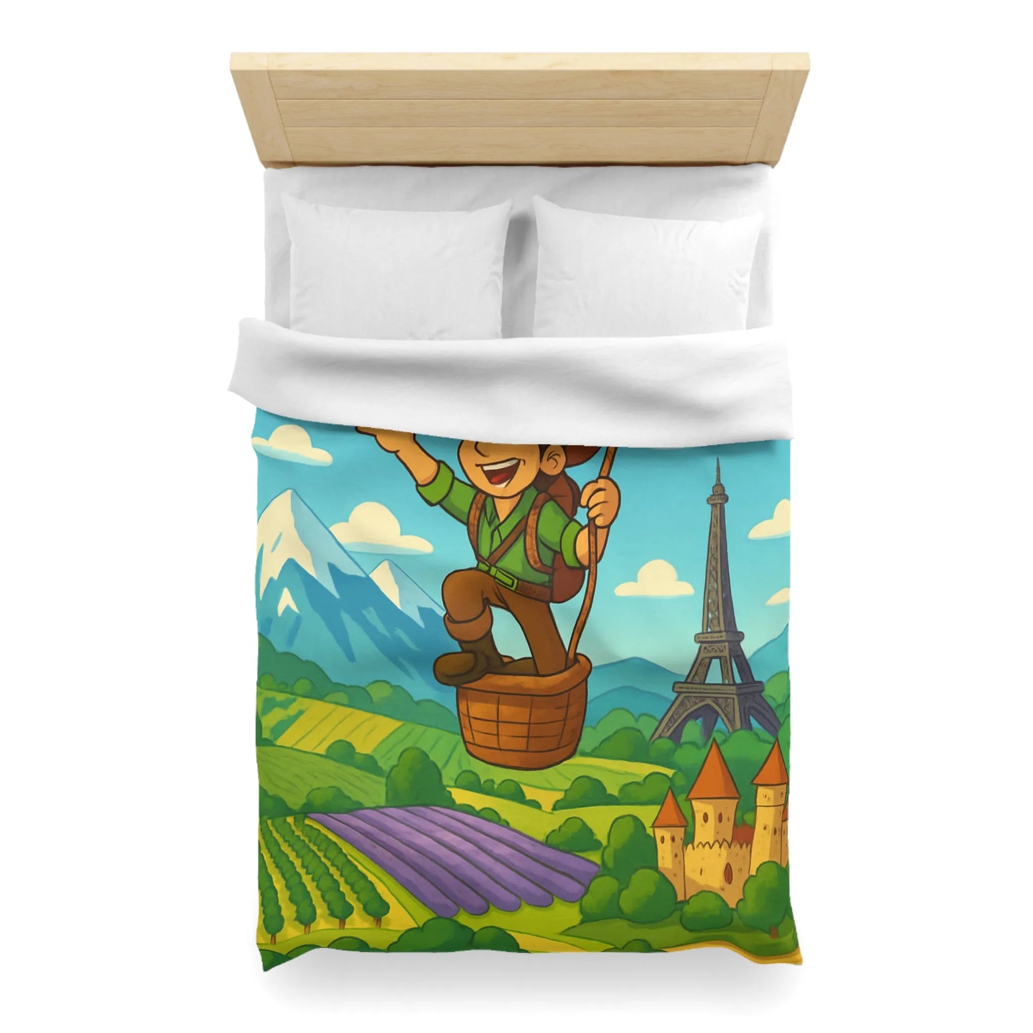 Charmant voyageur en montgolfière surplombant paysages français, champs et monuments emblématiques