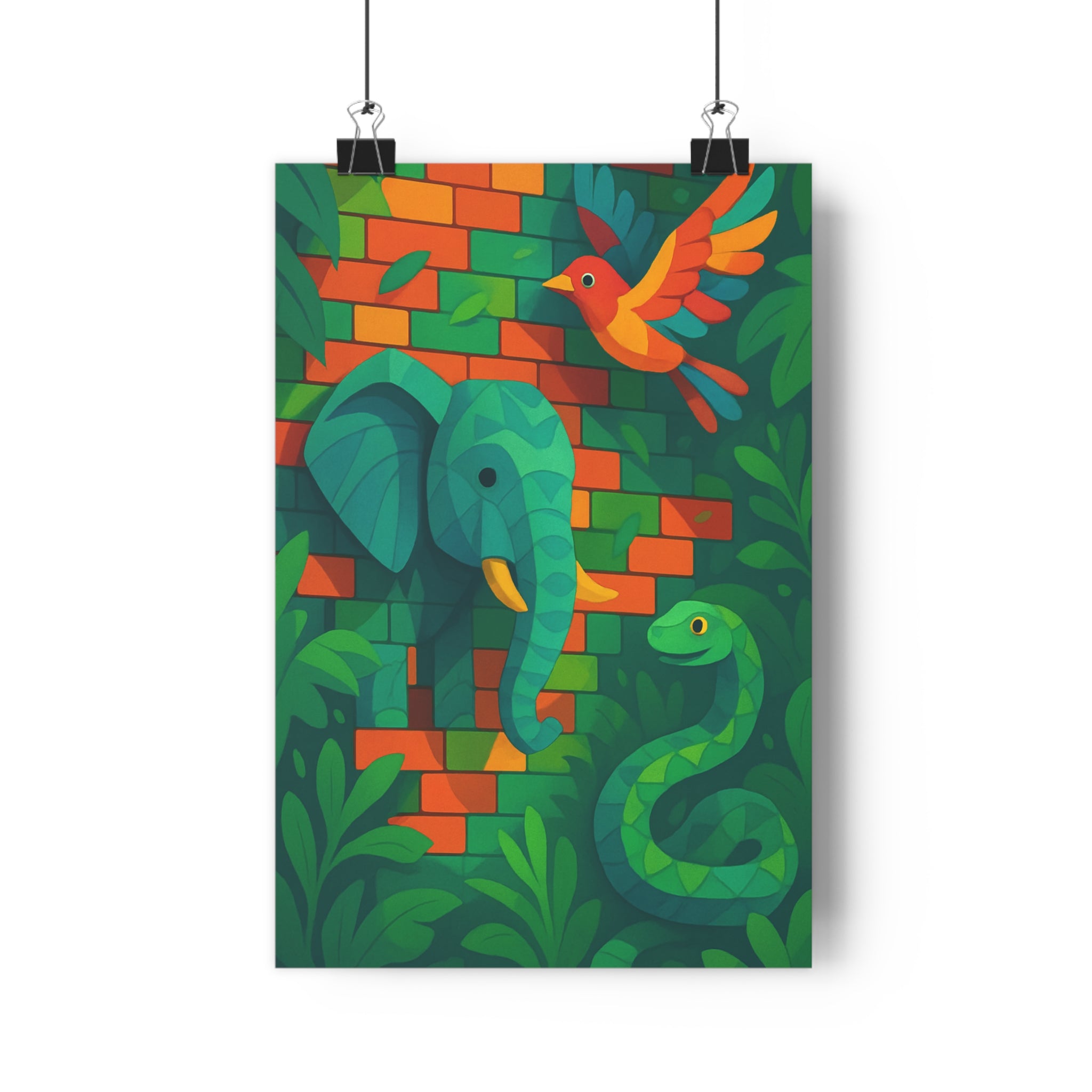 Poster décoratif vibrant éléphant serpent oiseau cartoon coloré joyeux salon chambre nature éclatant luxuriant
