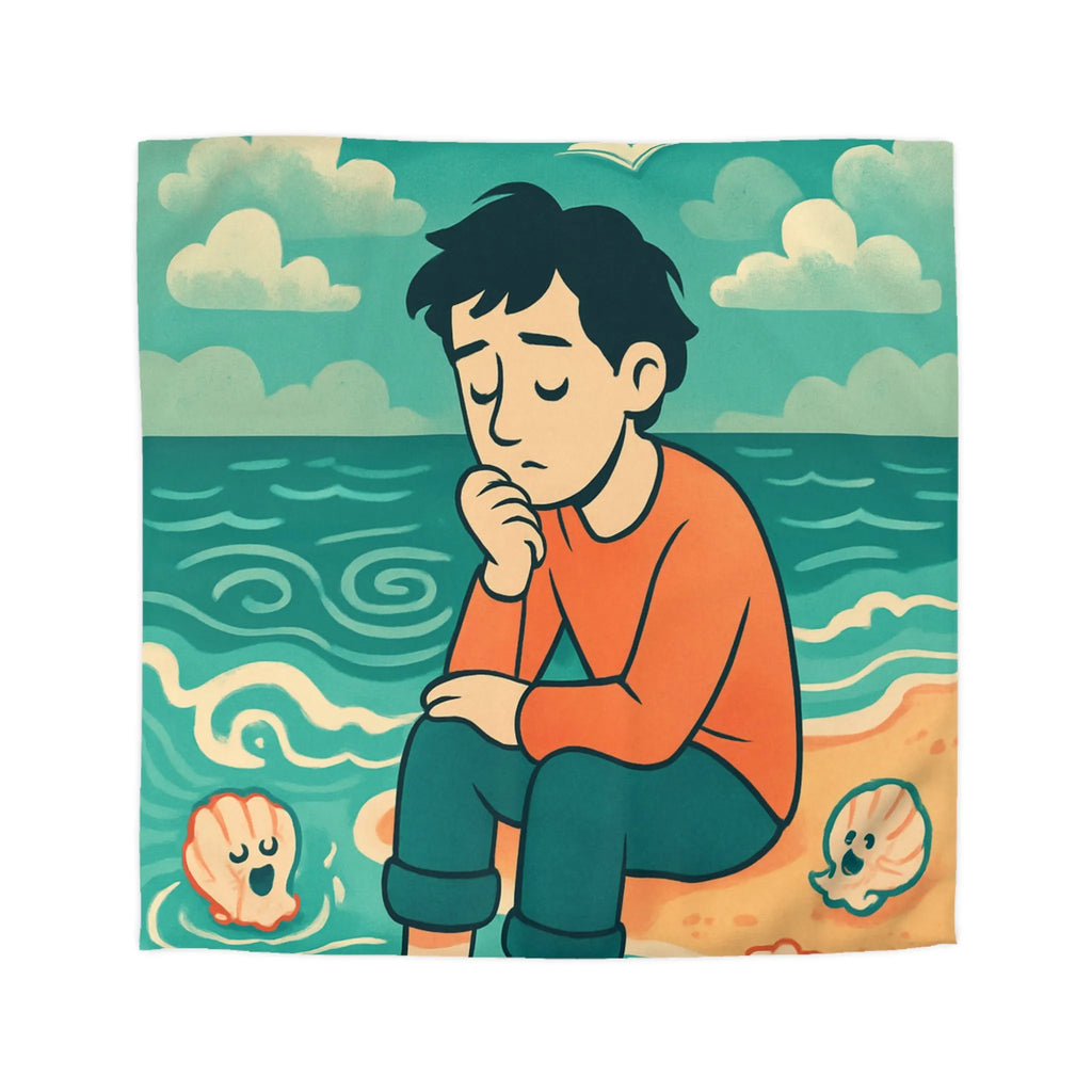 Housse de couette avec illustration rêveuse garçon pensif et coquillages joyeux sur plage