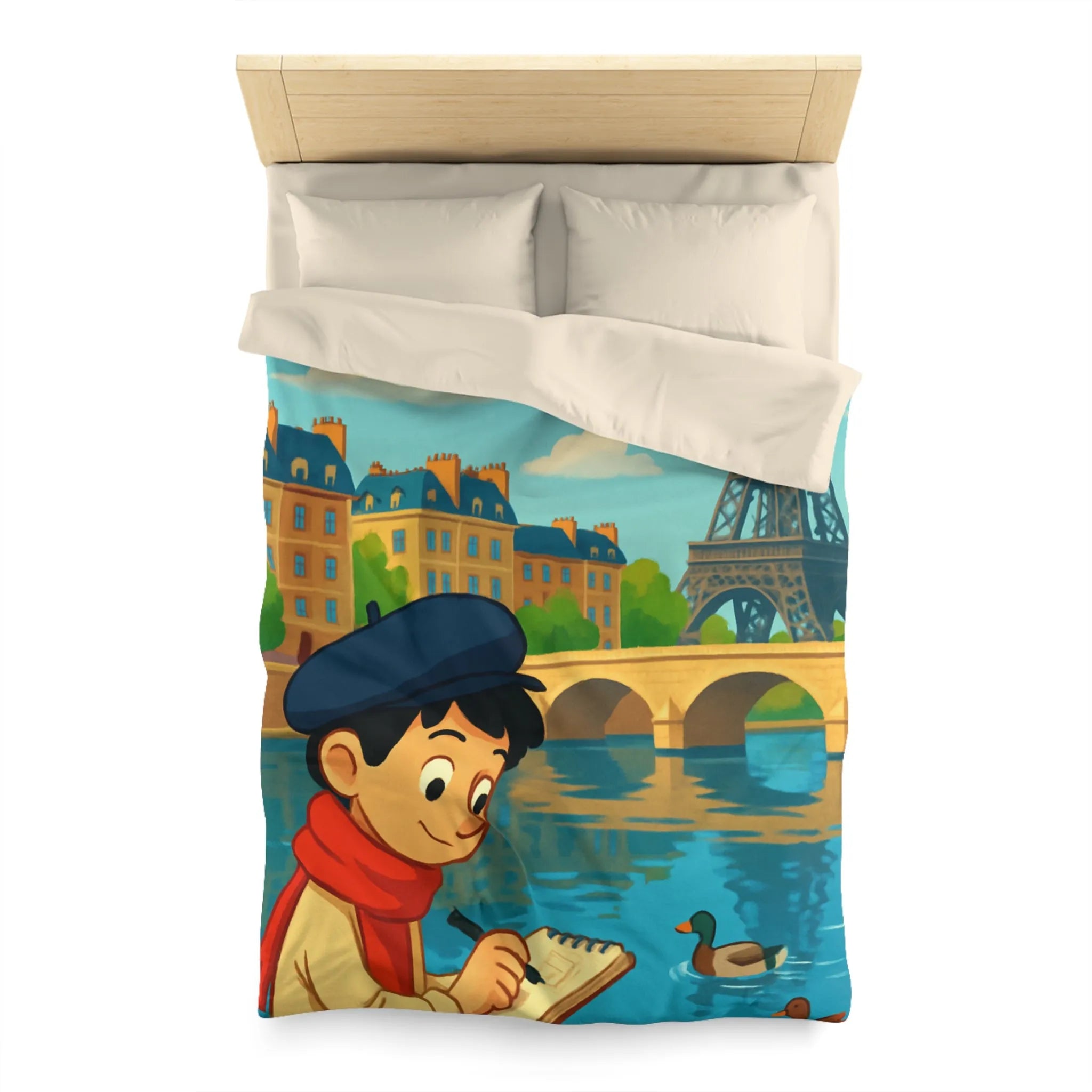 Housse de Couette Artistique Parisienne avec Enfant et Tour Eiffel au Printemps