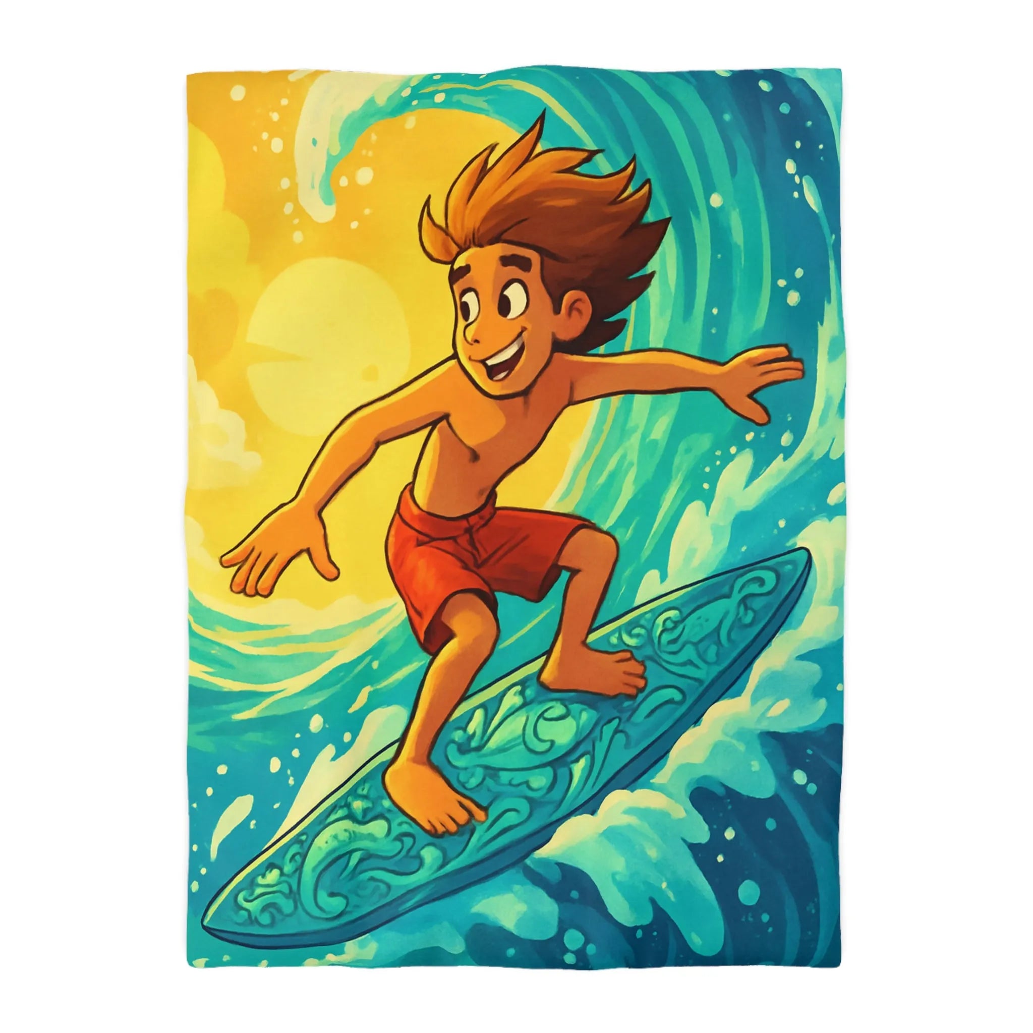 Enfant vibrant surfe sur vague turquoise sous ciel jaune vif artistique et joyeux