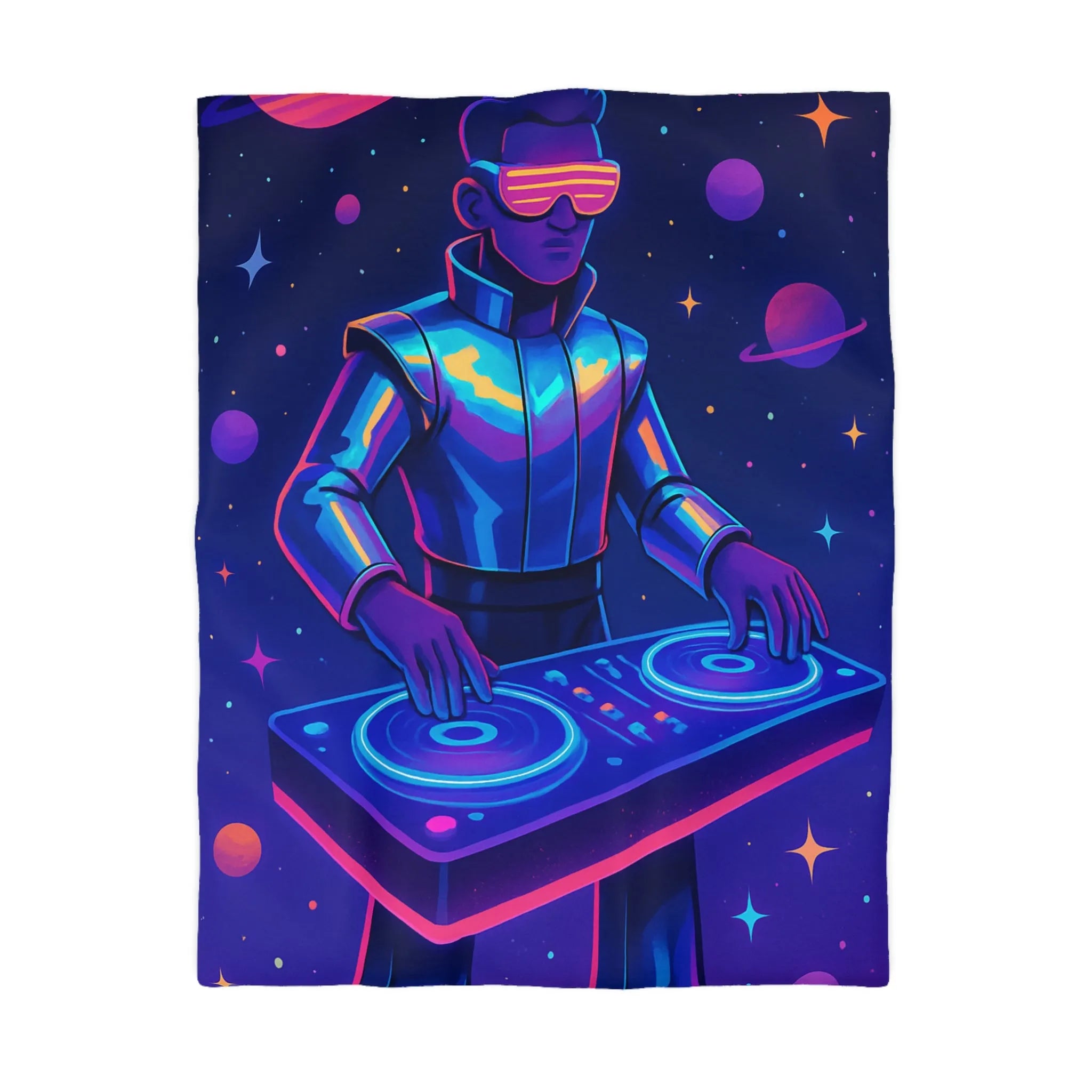 Housse de couette DJ futuriste avec planètes et éclat de néon dans l'espace