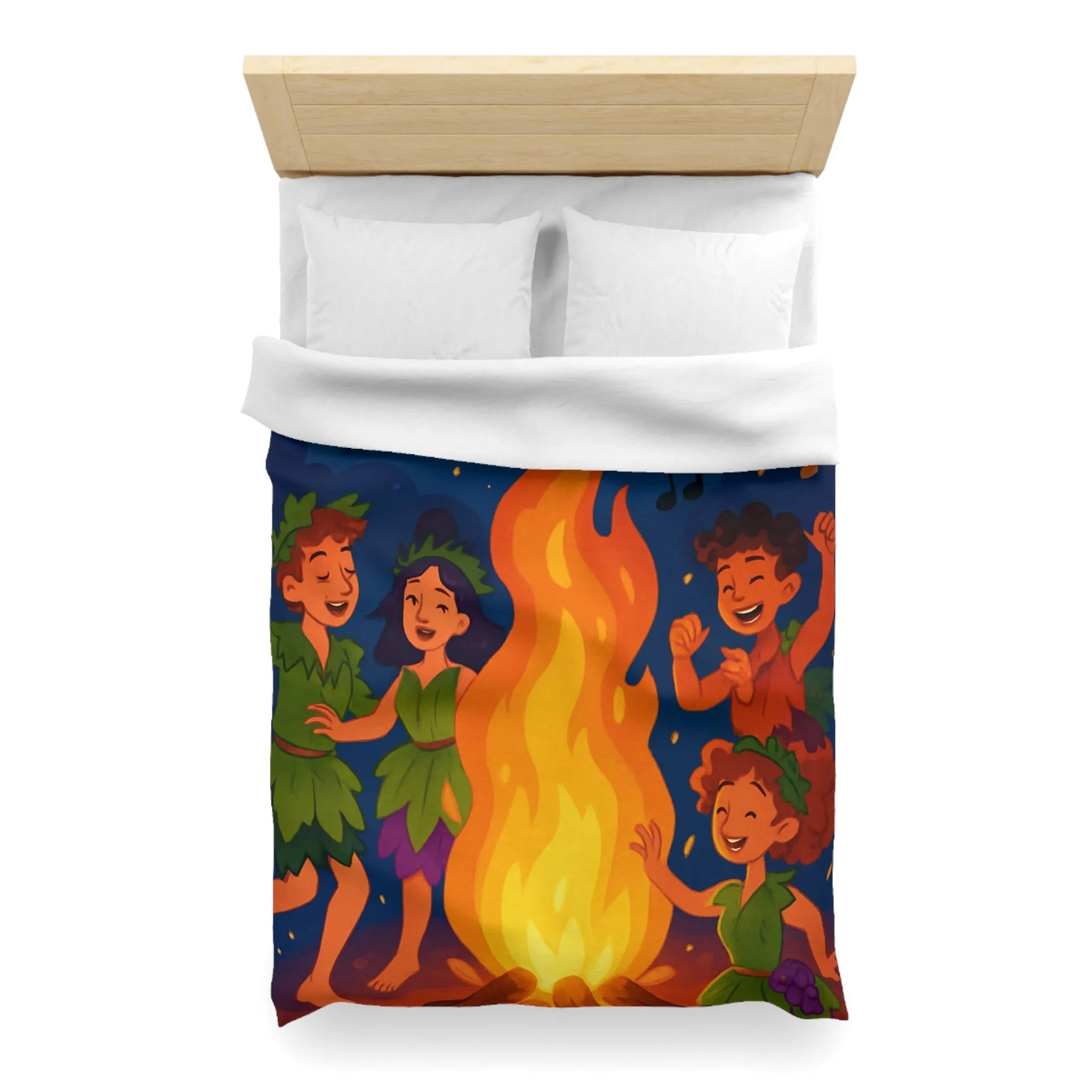 Housse de couette joyeuse autour d'un feu de camp avec enfants et raisins dansants
