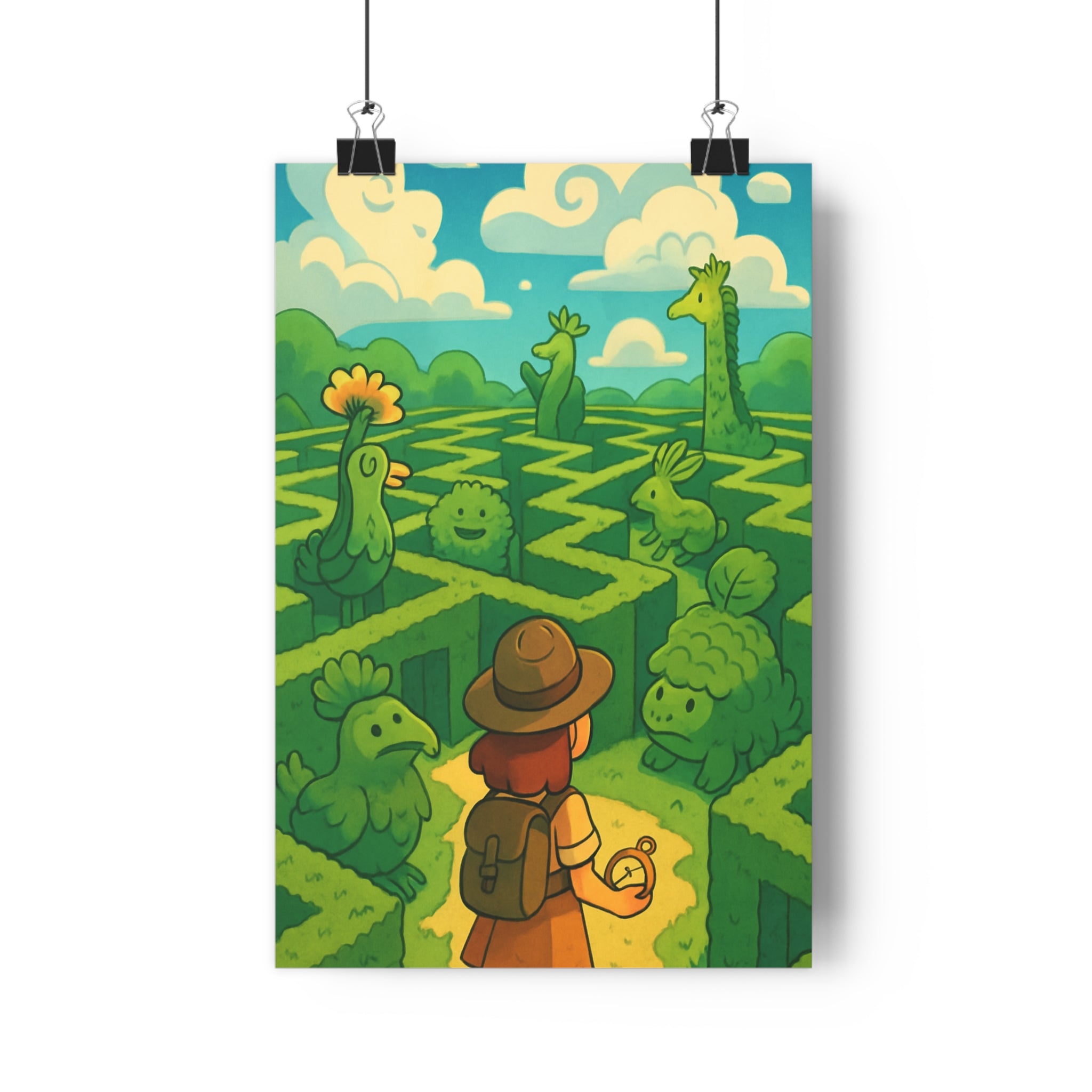 Poster décoratif animé vert jaune aventure fantastique enfant chambre mystique illustration créature magique rêve