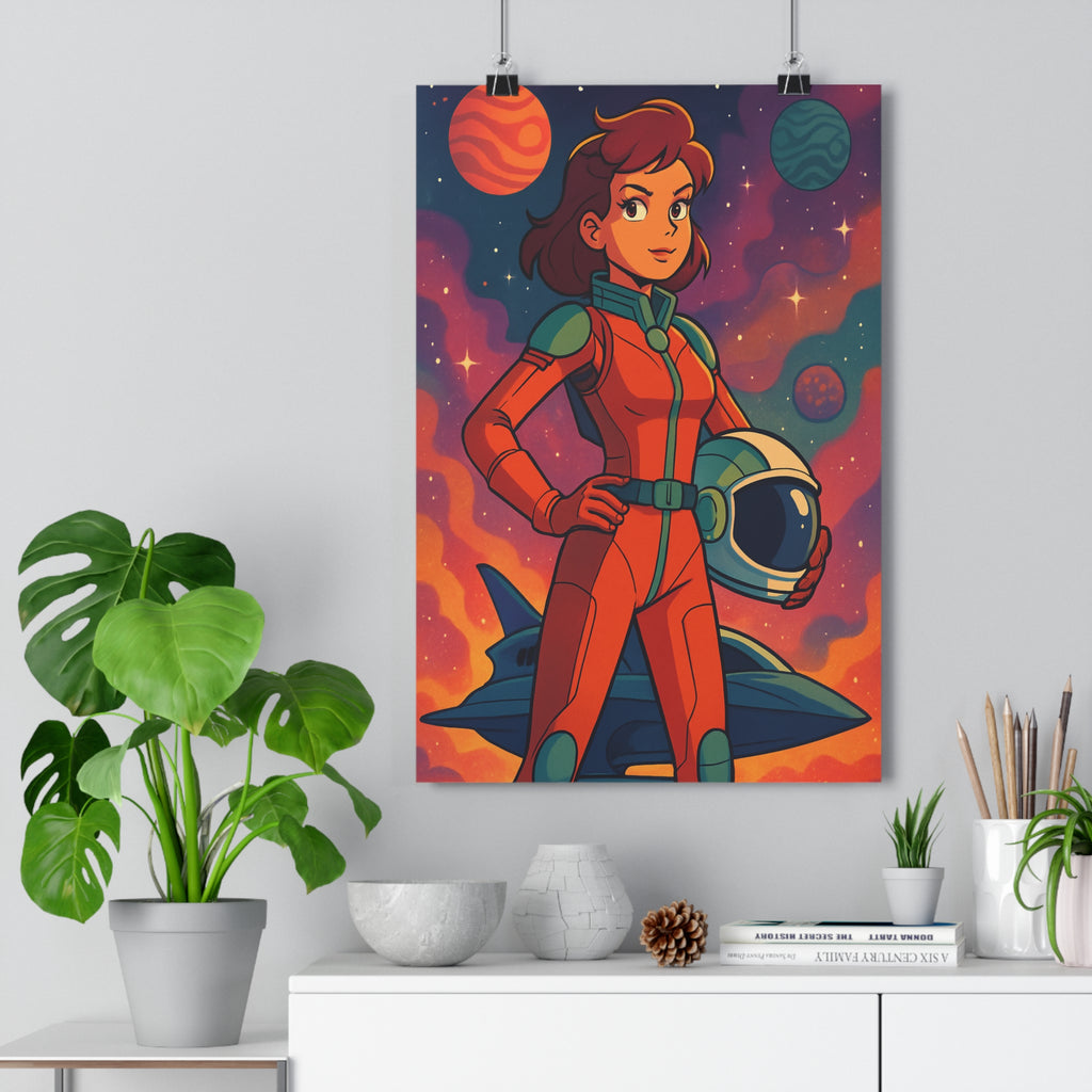 Poster décoratif cartoon orange espace futuriste aventure chambre bureau femme casque étoiles vaisseau qualité