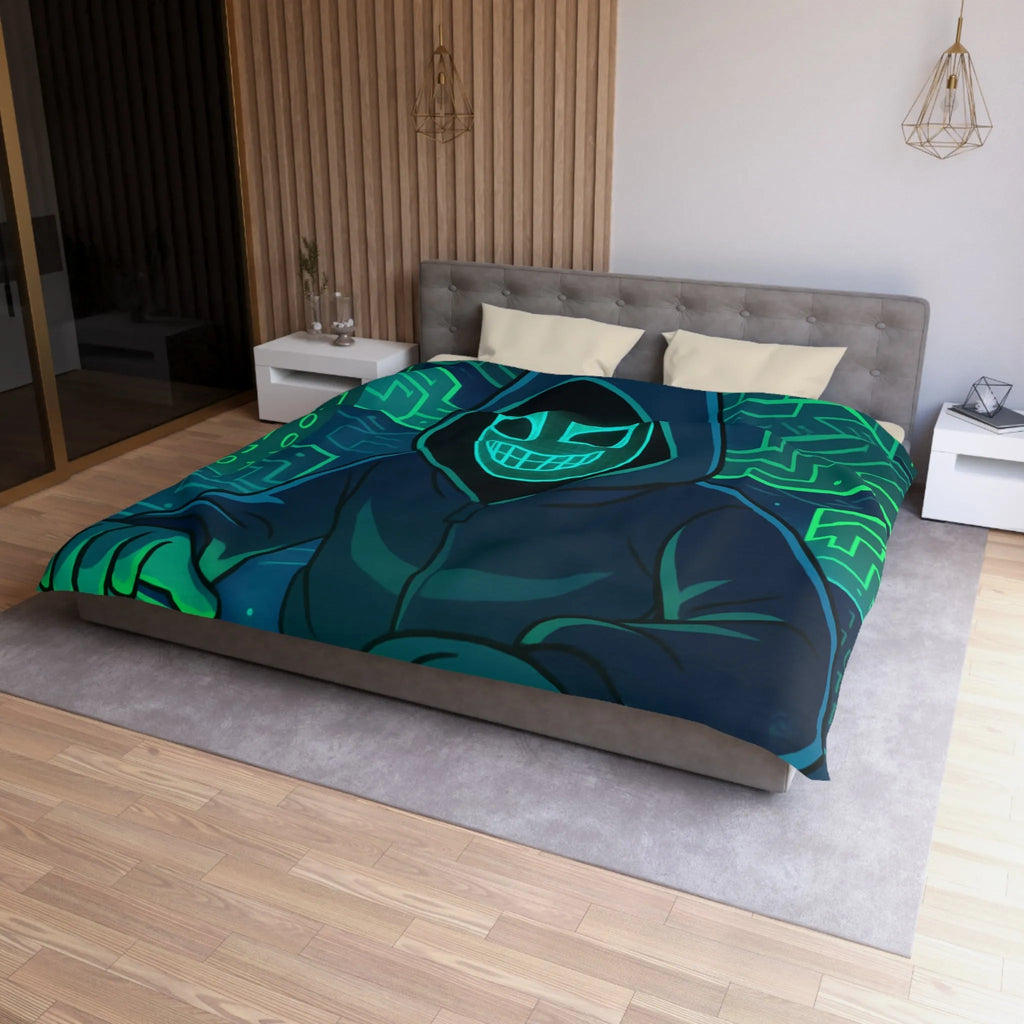 Housse de couette cyberpunk avec motif de hacker masqué et circuit numérique lumineux