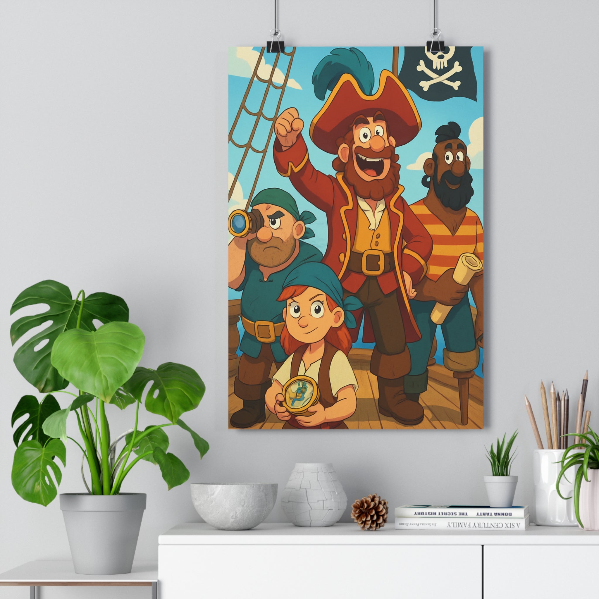 Poster décoratif cartoon aventure pirate bleu rouge salon enfant dynamique joyeux mural original unique