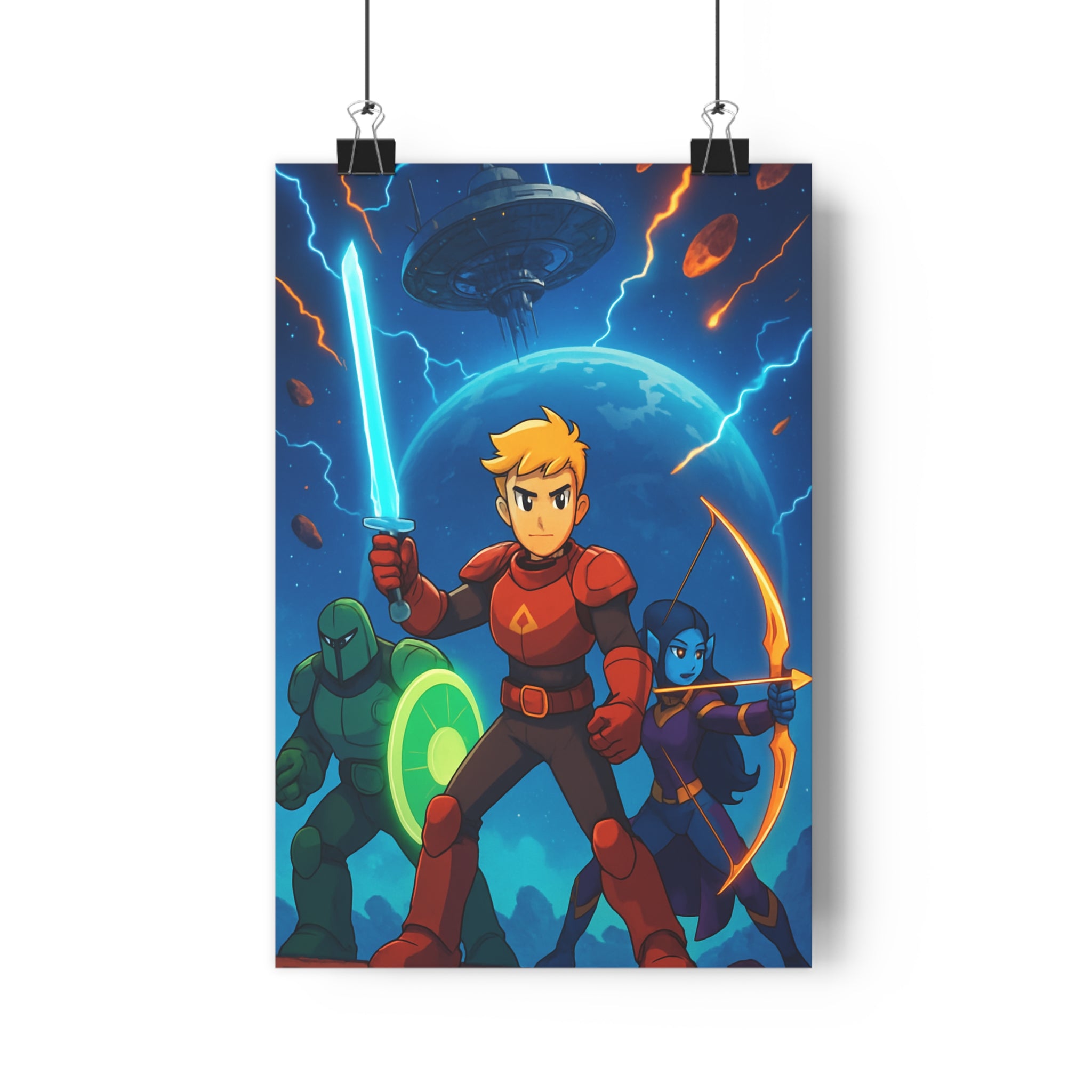 Poster décoratif futuriste aventure bleu vert salon chambre espace héros vaisseau épée lumineux planète