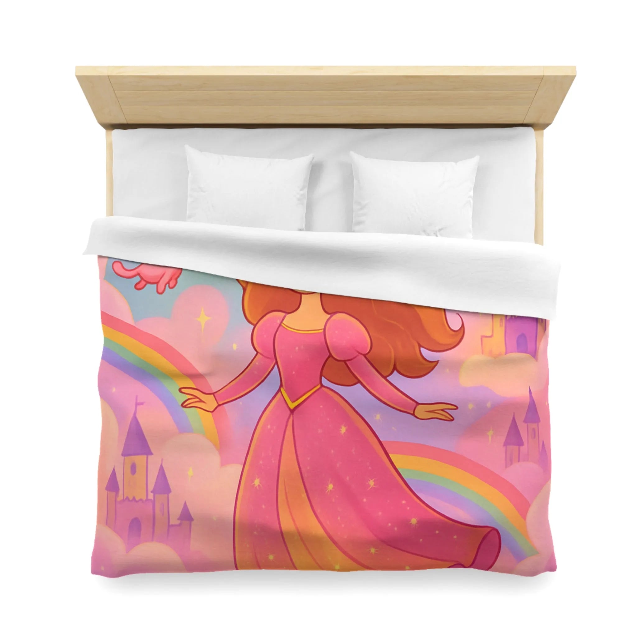 Housse de couette féerique avec princesse et animaux volants, arc-en-ciel pastel doux