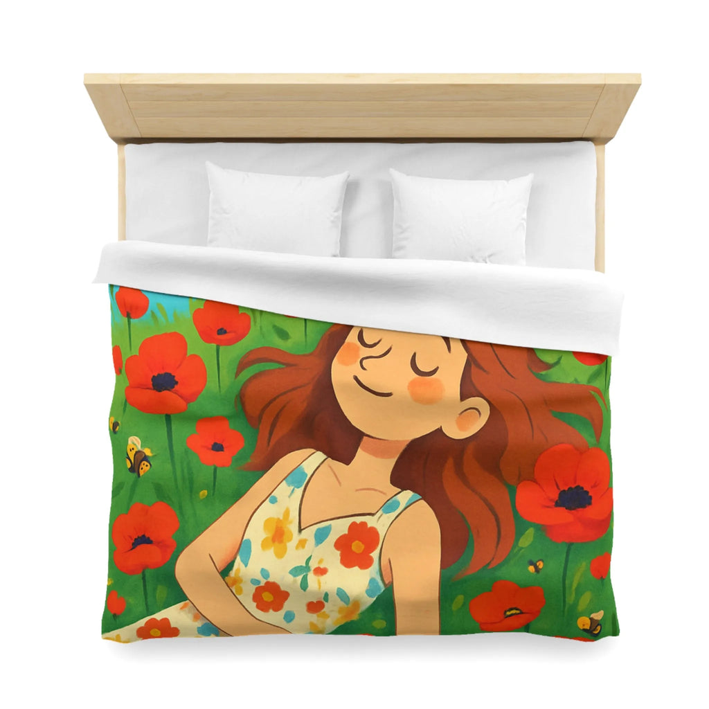 Housse de couette colorée avec motif floral et personnage rêveur en été ensoleillé