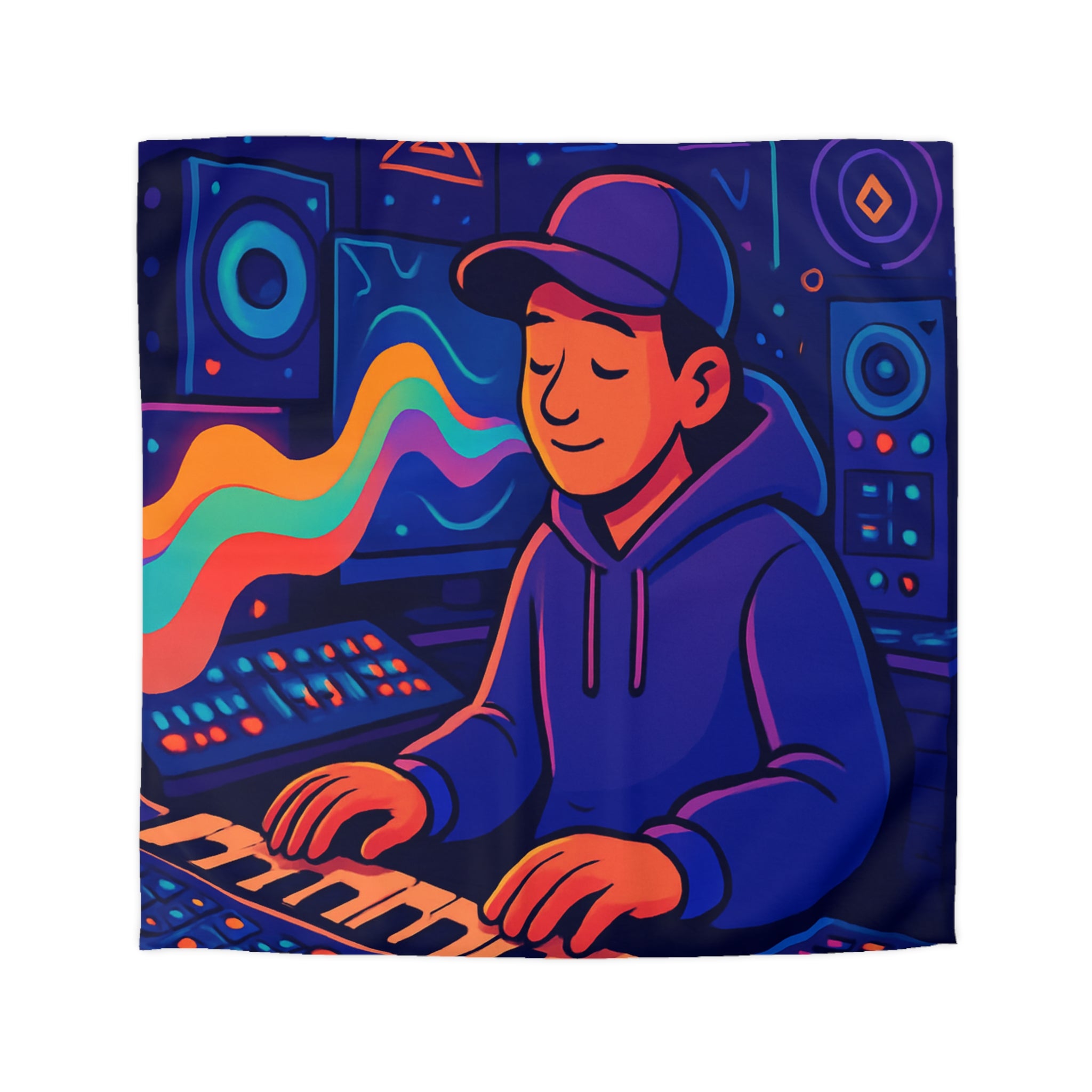 Housse de couette vibrante avec musicien dans un studio coloré et moderne