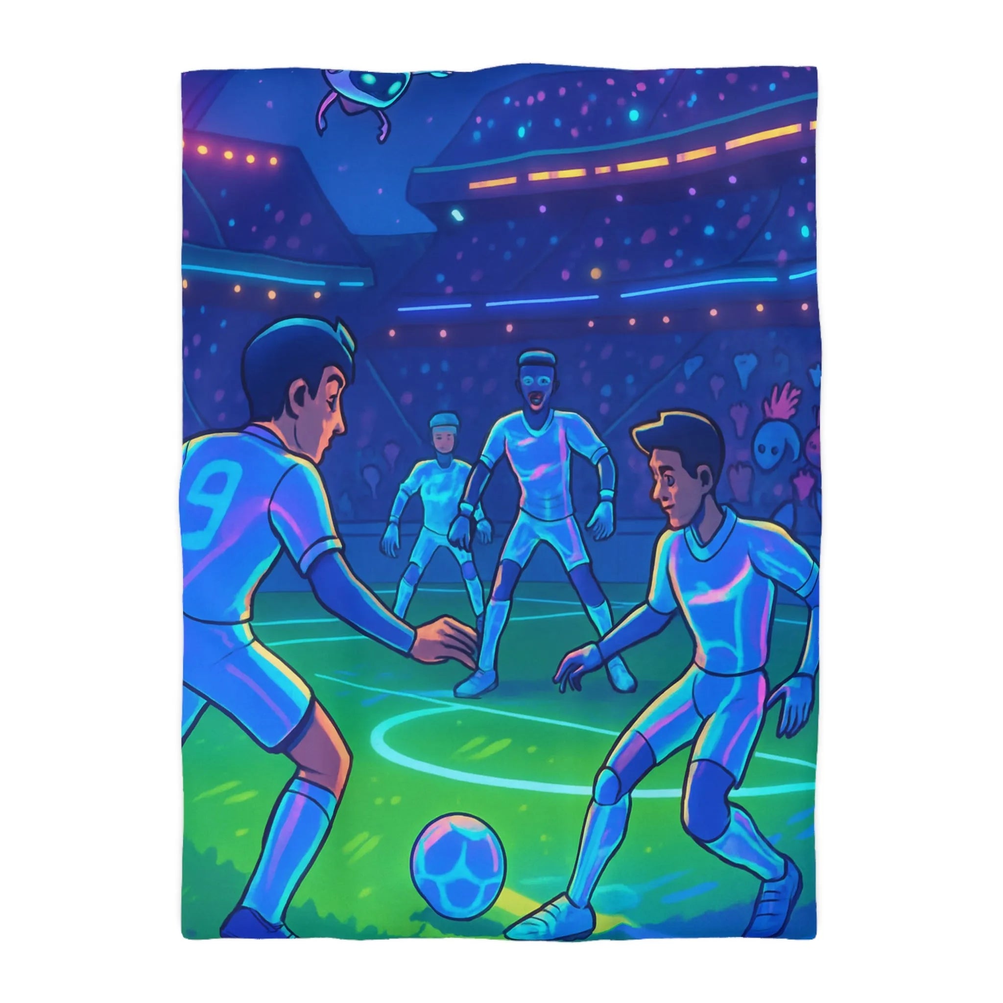 Housse de Couette de Football Futuriste avec Joueurs et Public dans un Stade Éclairé