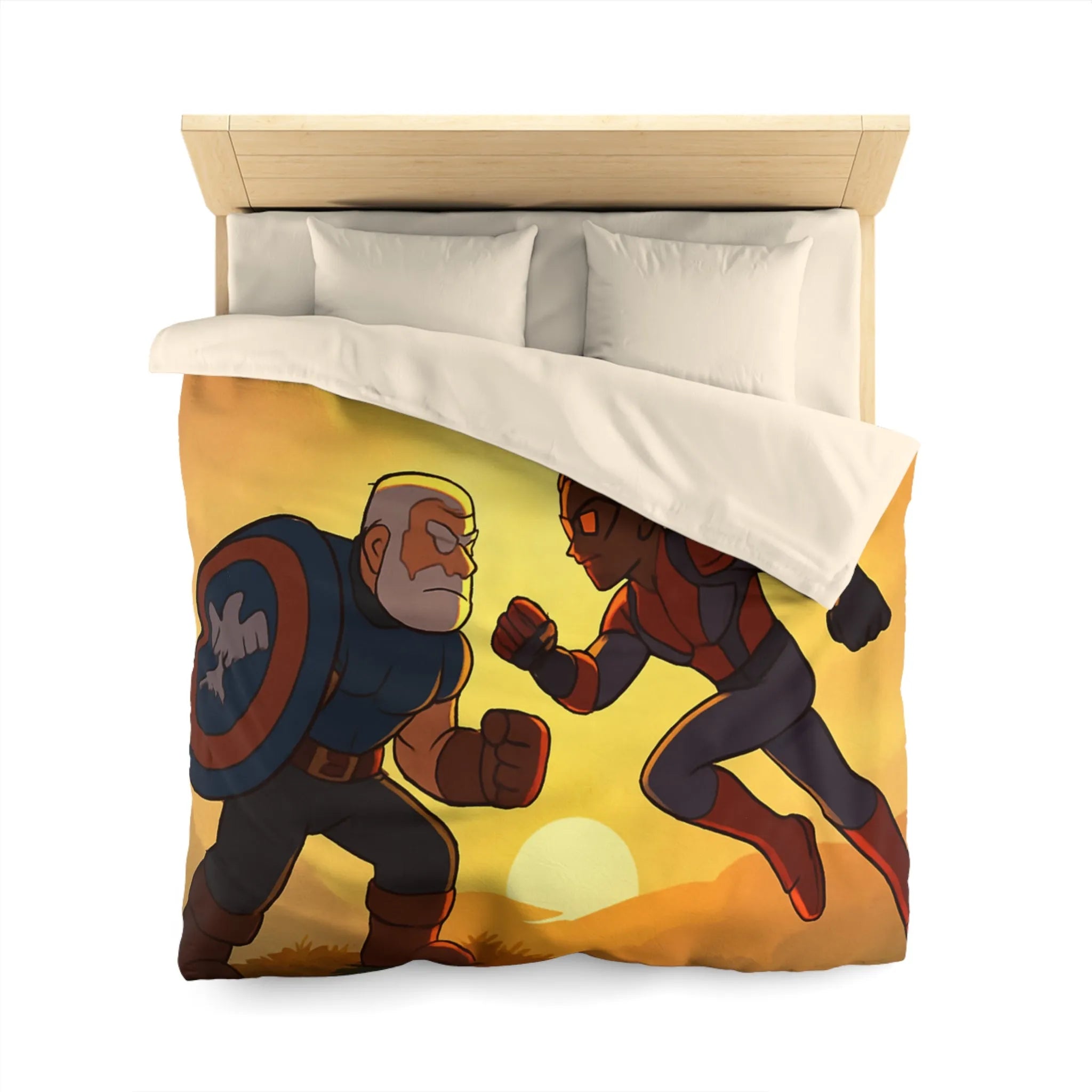 Housse de couette épique avec scène de combat héroïque au coucher du soleil