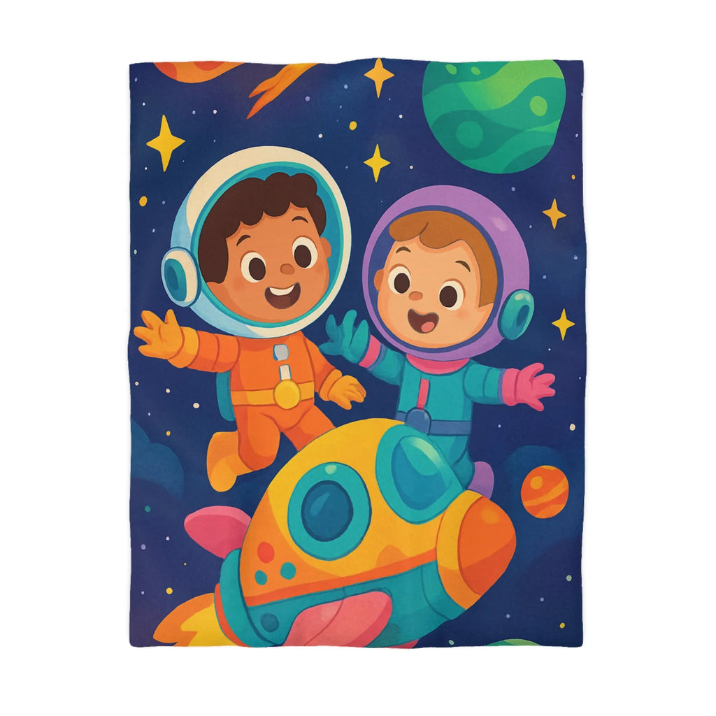 Couette Enfantine Cosmos : Enfants en Vaisseau Spatial avec Planètes et Étoiles Colorées
