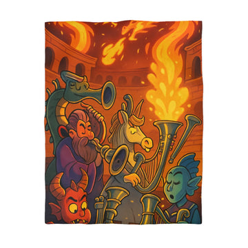 Housse de couette fantastique illustrée avec dragons, musiciens mythiques et couleurs flamboyantes