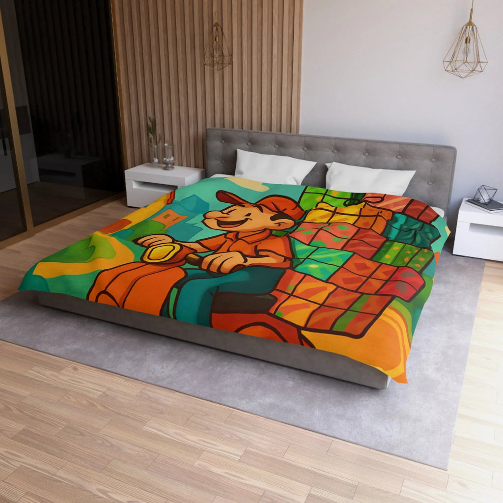 Housse de couette joyeuse avec livreur gai transportant des cadeaux colorés sur scooter