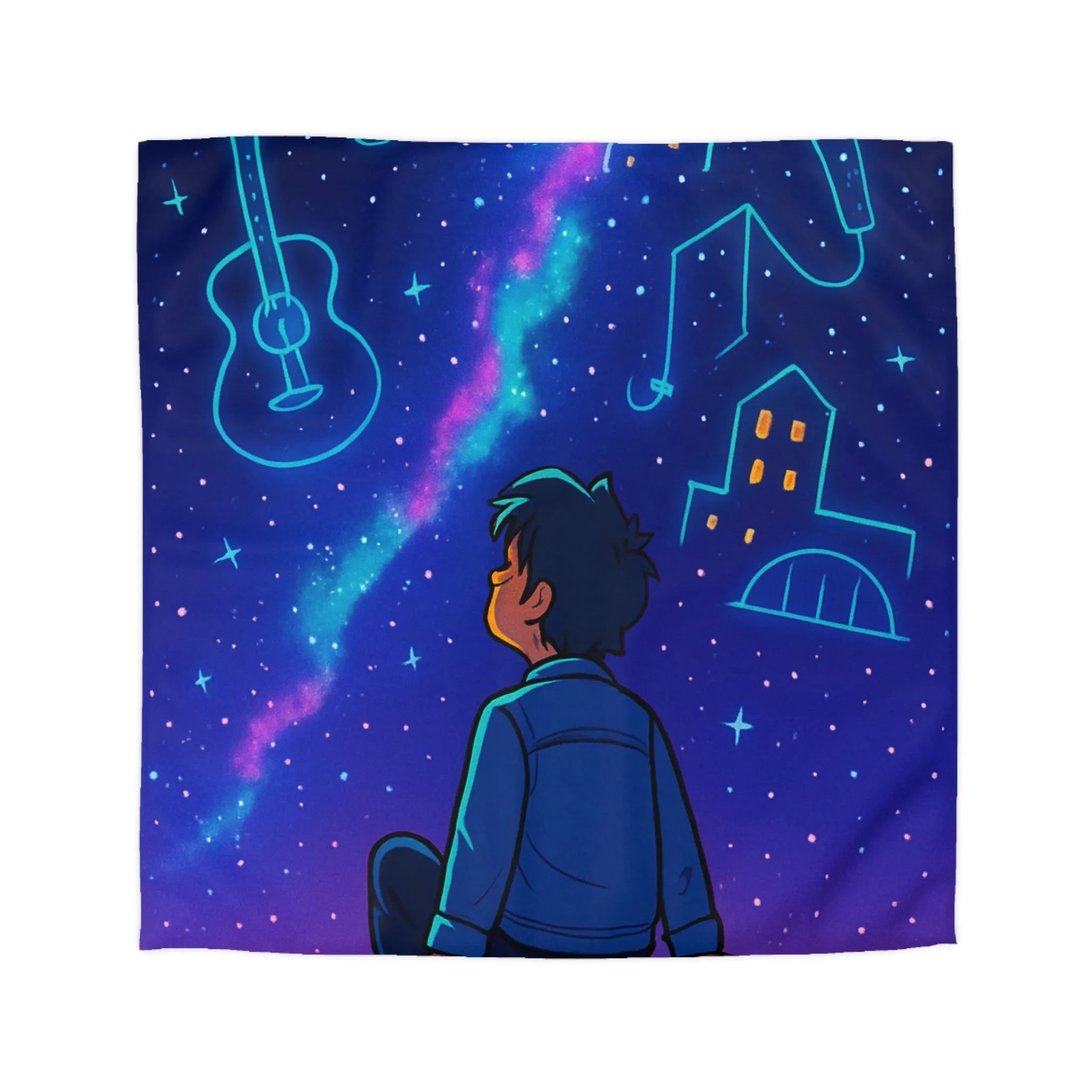 Housse de couette ciel étoilé avec rêveur contemplant silhouettes de musique et ville