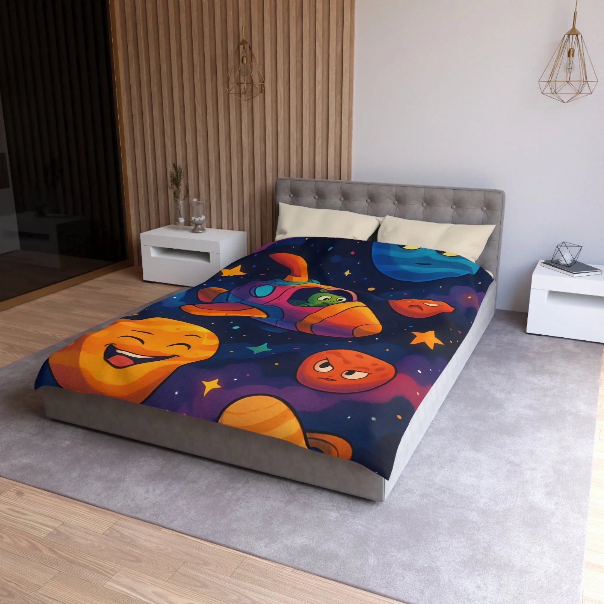 Housse de couette enfant cosmos coloré avec planètes amusantes et fusée extraterrestre