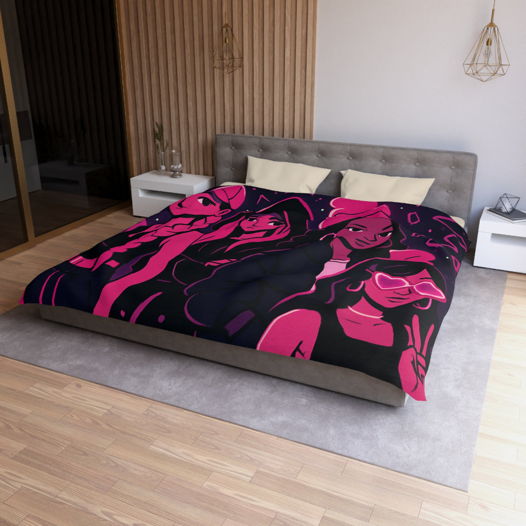 Housse de couette urbaine avec silhouettes féminines et motifs fluorescents nuit étoilée