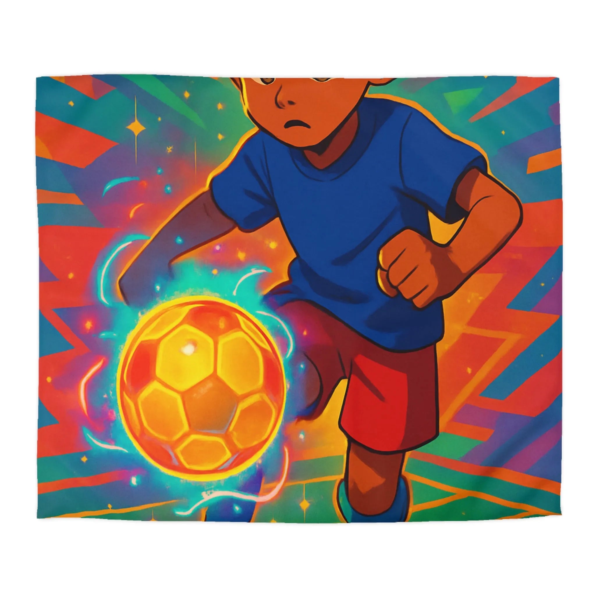 Housse de Couette Colorée Enfant Jouant au Football avec Effet Lumineux Éclatant