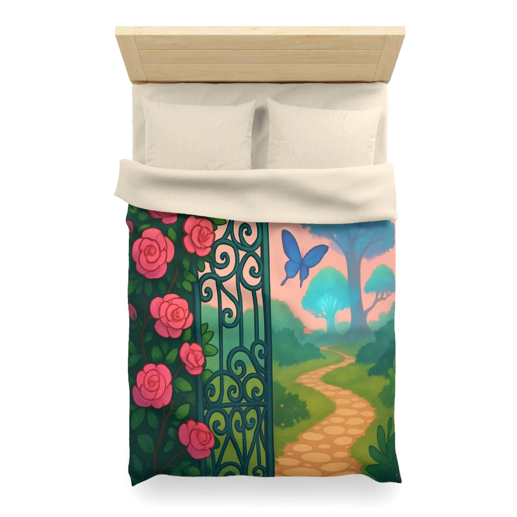 Belle housse de couette féerique avec portail fleuri et papillons colorés, jardins enchanteurs
