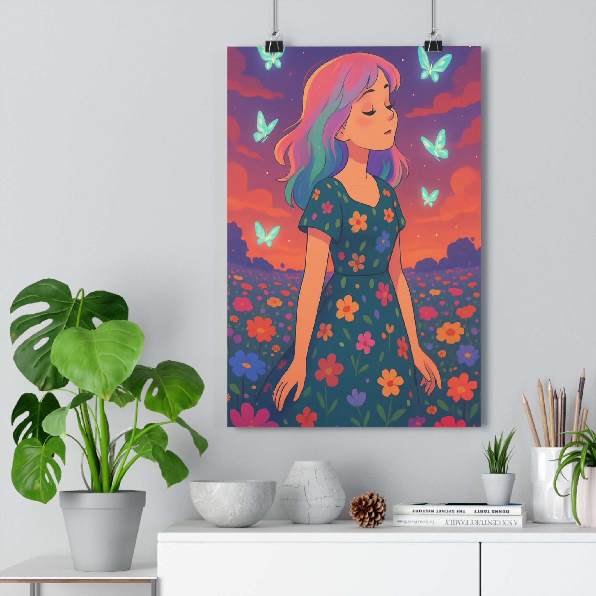 Poster décoratif pastel rêveur femme papillons fleurs crépusculaire chambre détente 30x46 art murale qualité