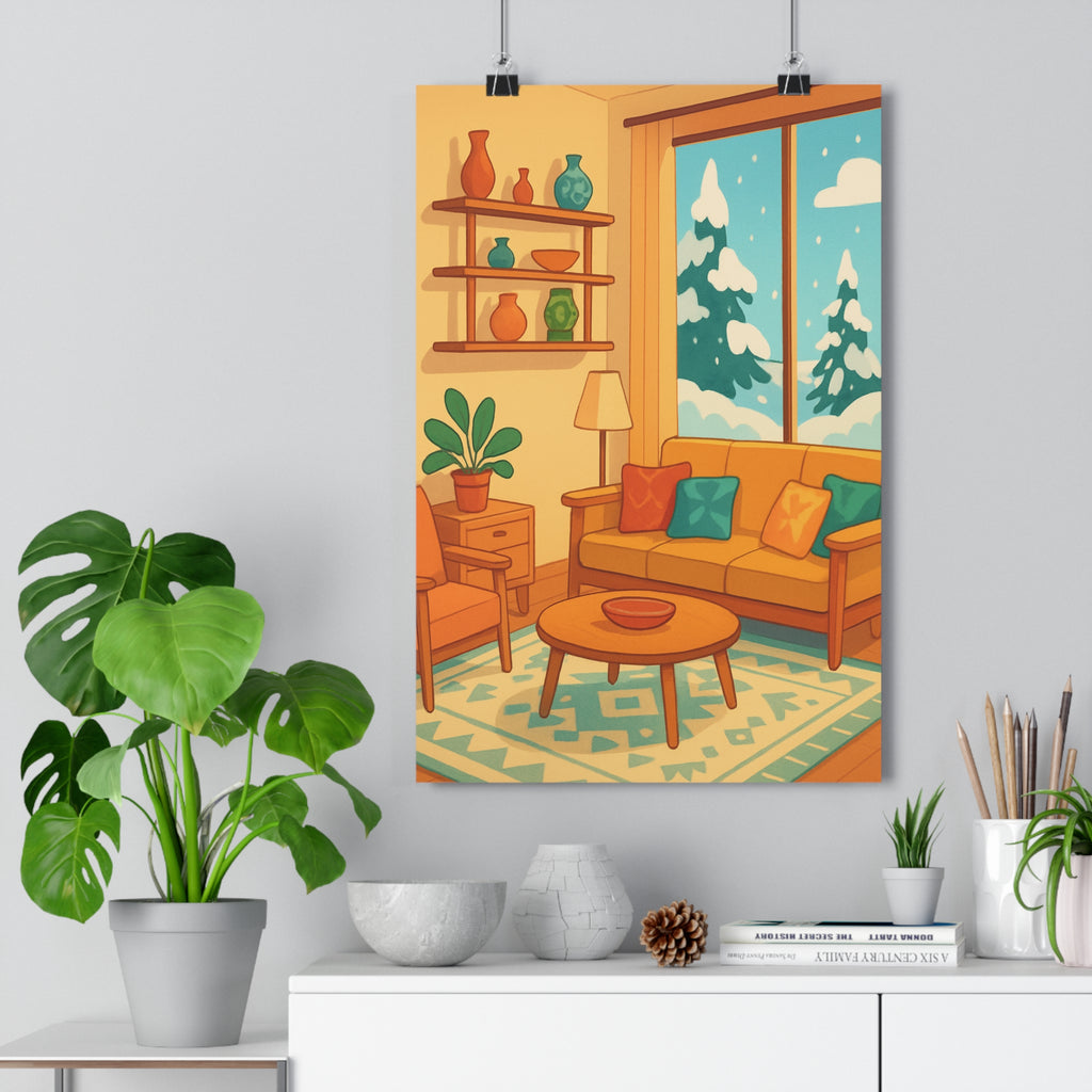 Poster décoratif scandinave chaleureux jaune bleu salon dessin animé confortable coloré nature hiver style