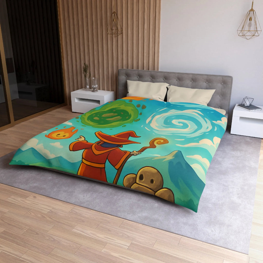 Housse de couette avec illustration magique de sorcier, élémentaires et paysage vibrant