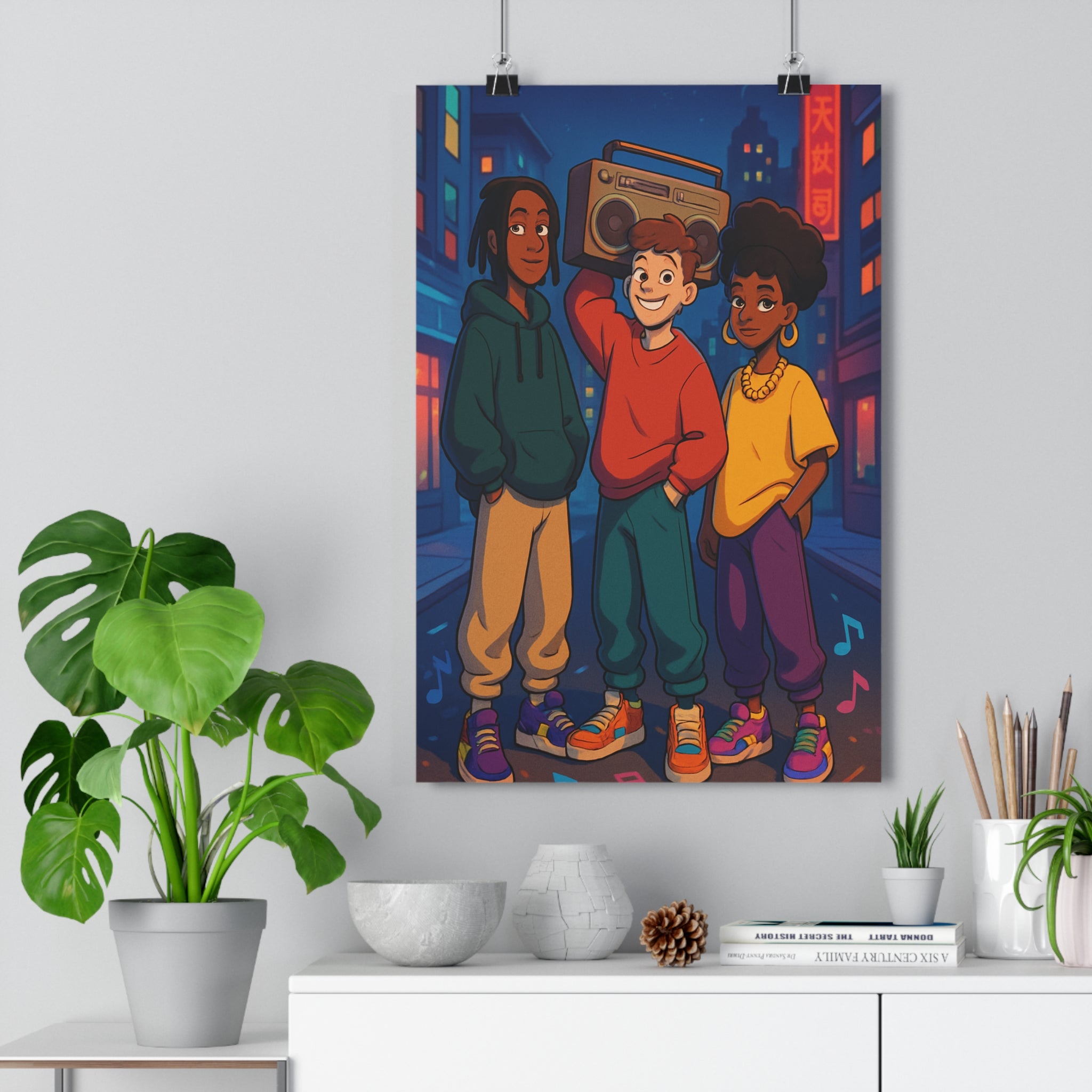 Poster décoratif rétrofuturiste néon urbain dynamique chambre salon cartoon musique coloré moderne tendance qualité