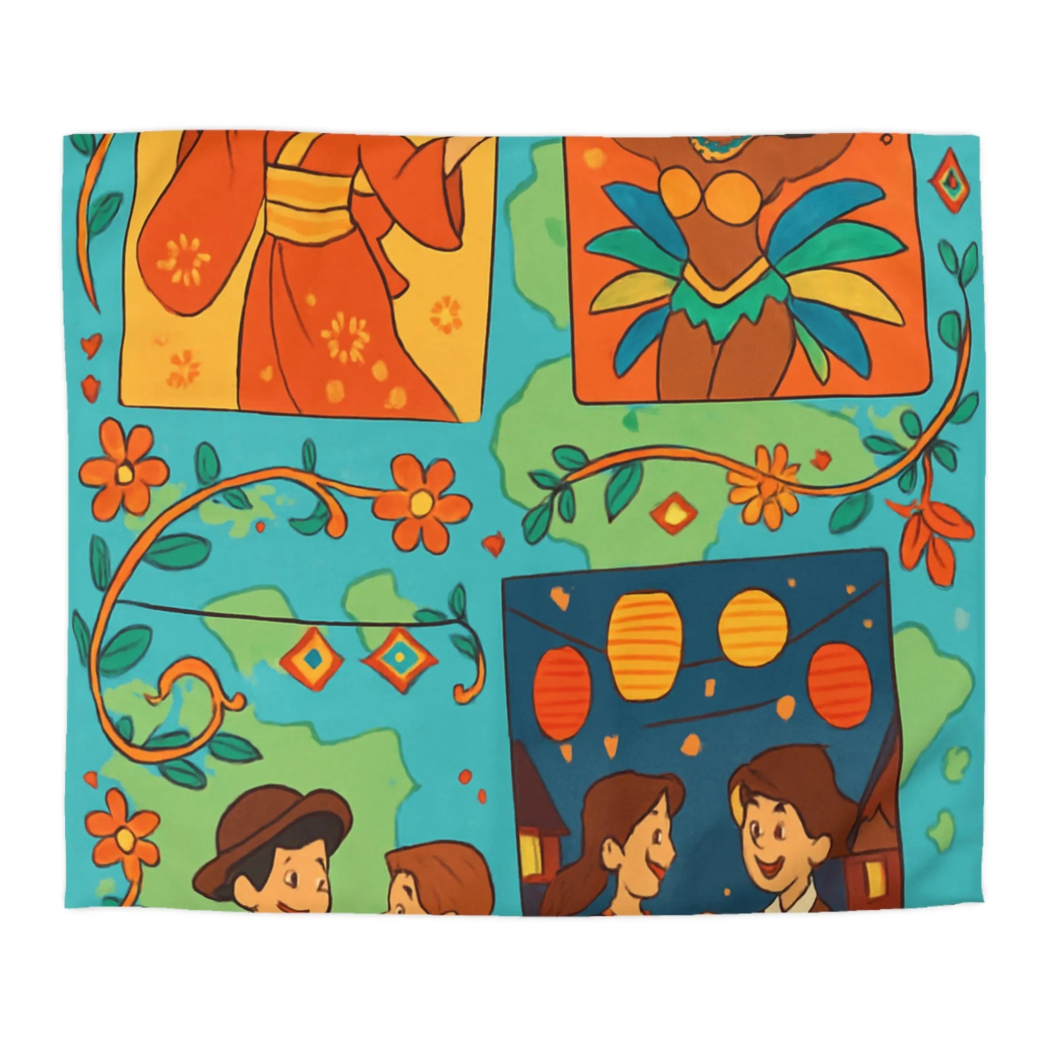 Housse de couette colorée avec dessins folkloriques, danseurs, motifs floraux multicolores attractifs