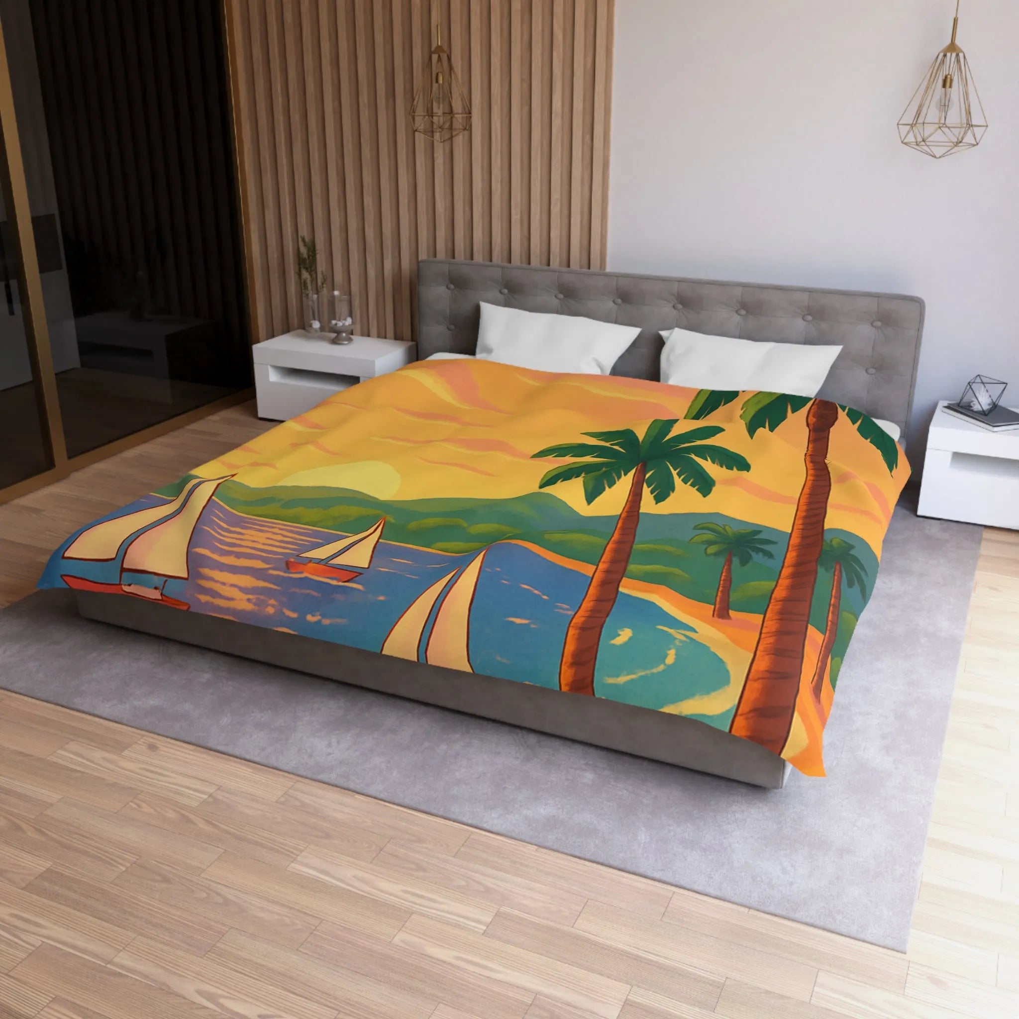 Housse de couette avec motif tropical, plage, palmiers et voiliers au coucher de soleil