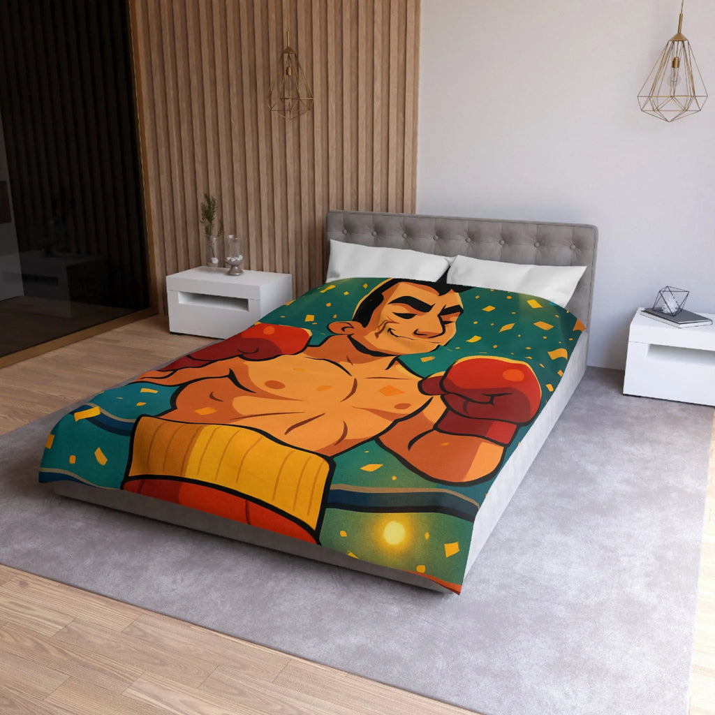 Housse de couette colorée avec boxeur en tenue rouge, ambiance festive dynamique