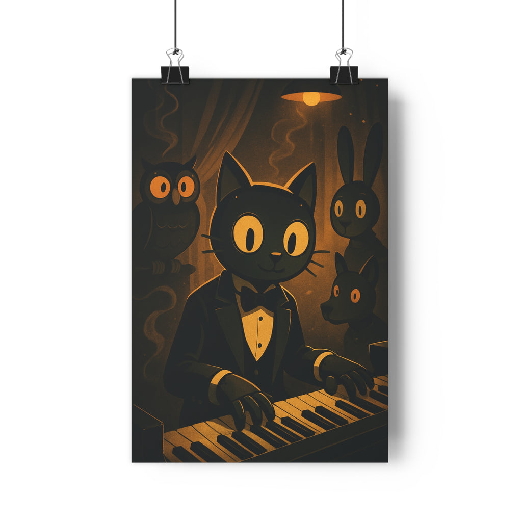 Poster décoratif cartoon nocturne chat piano hibou lapin chien sombre doré salon chambre qualité