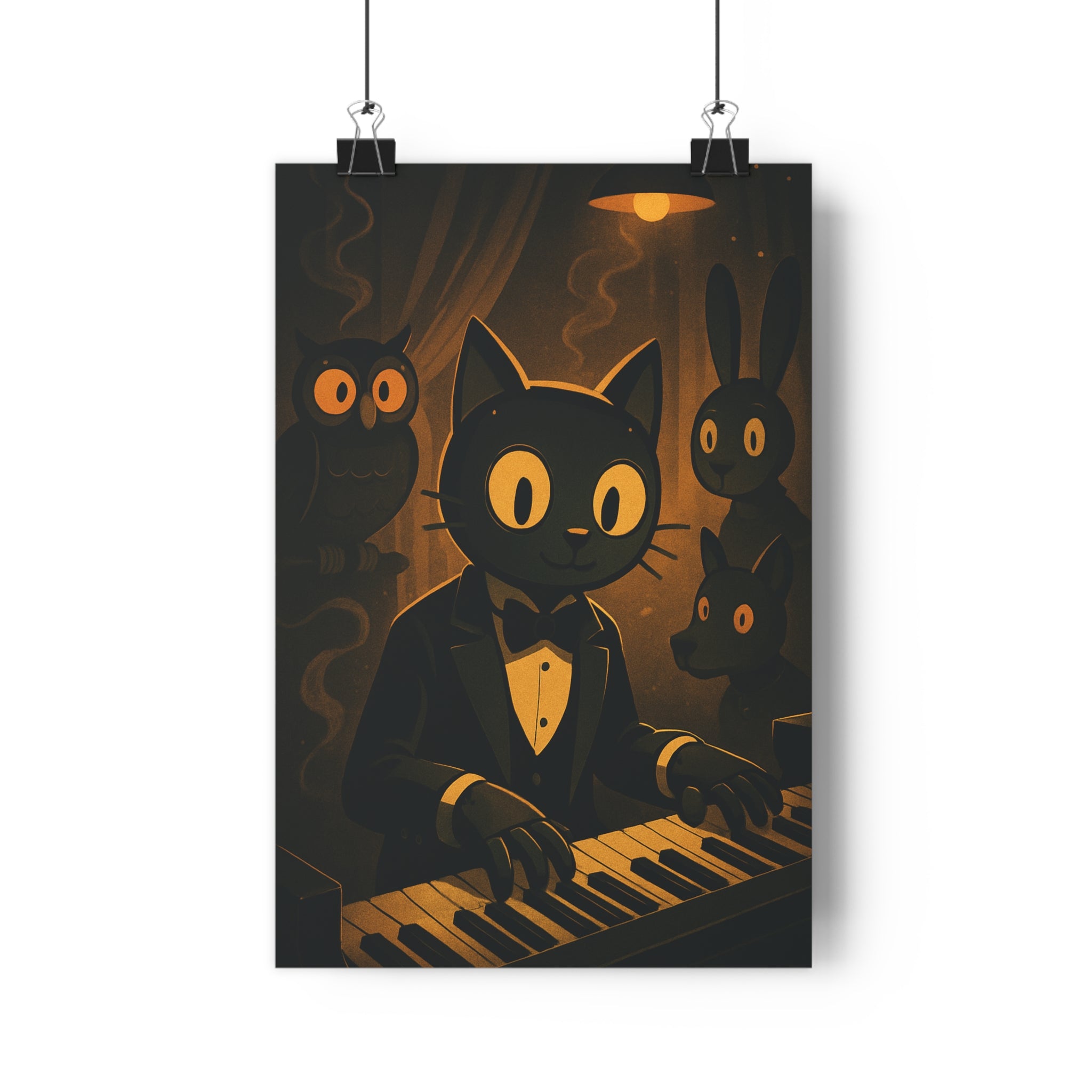 Poster décoratif cartoon nocturne chat piano hibou lapin chien sombre doré salon chambre qualité