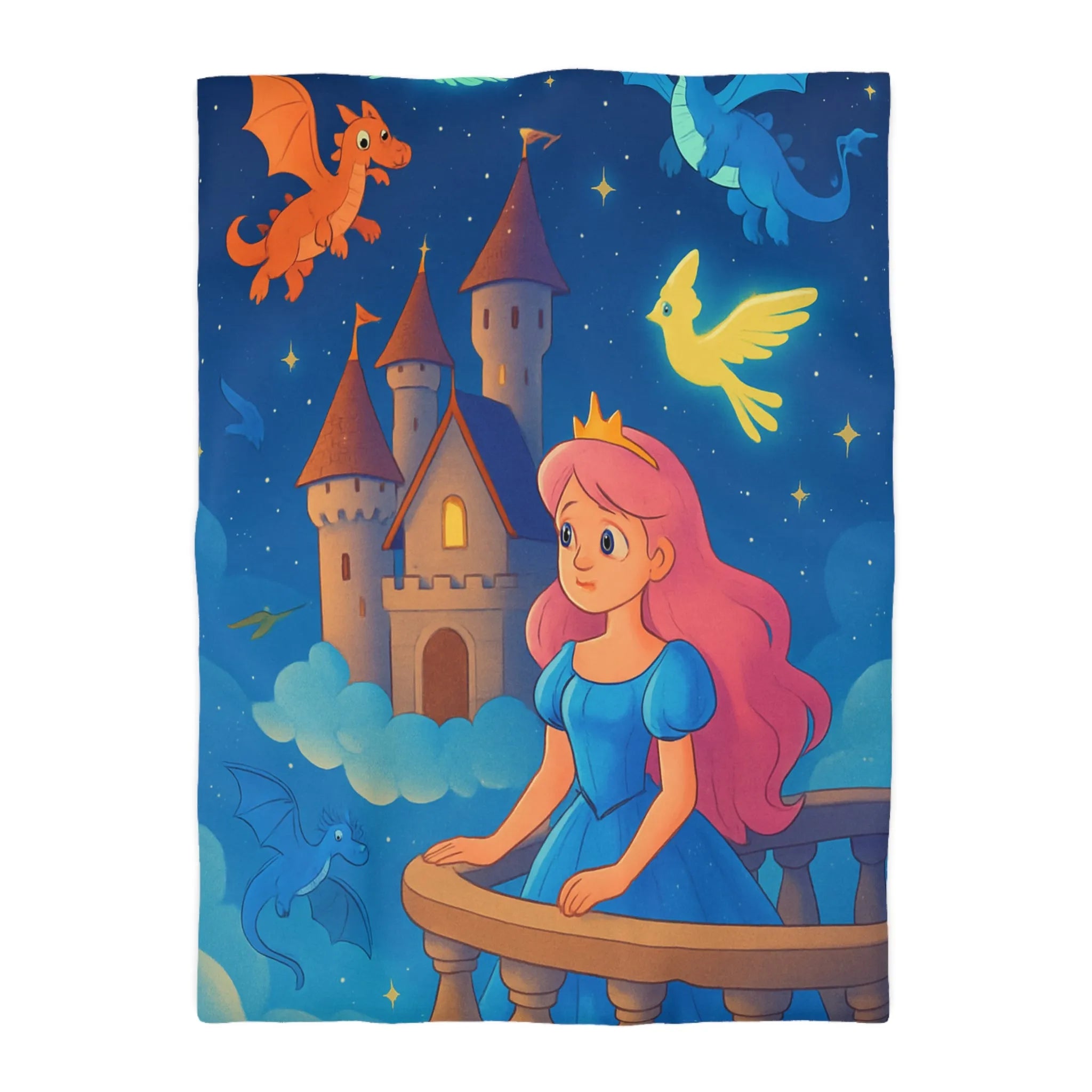 Housse de Couette Enfant Représentant Princesse et Dragons dans un Ciel Nocturne Magique