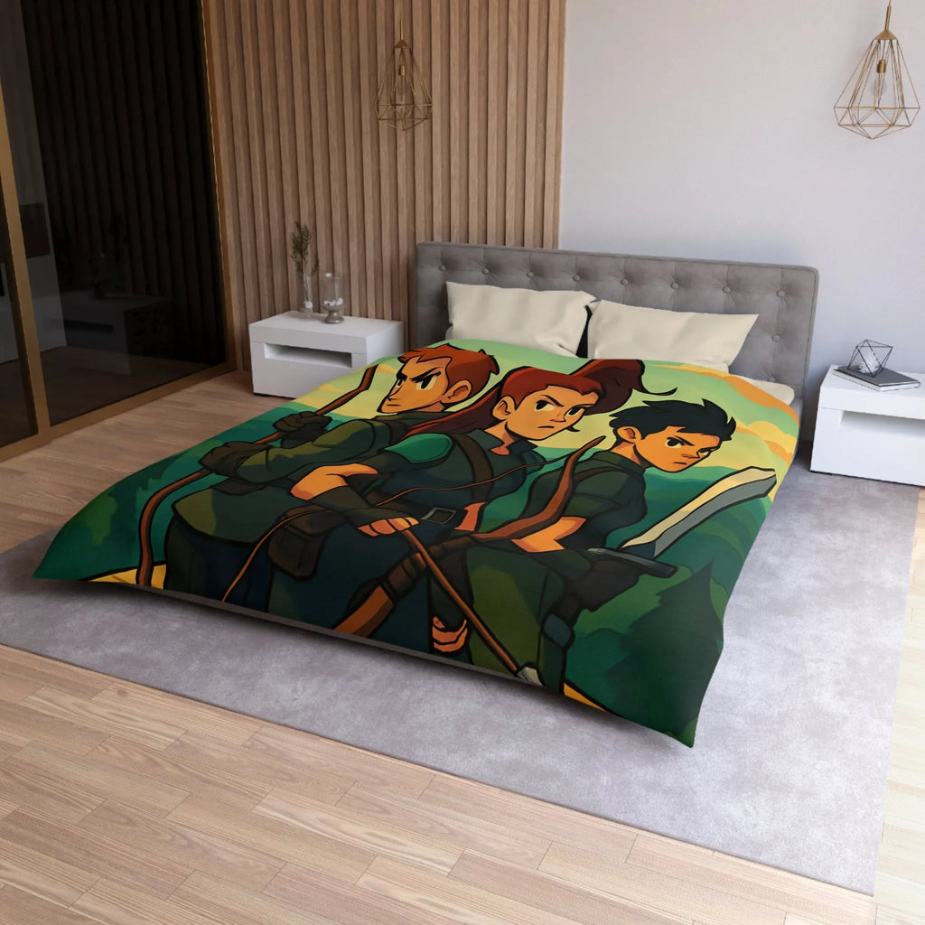 Housse de couette illustrée trois héros médiévaux arc épée forêt château aube