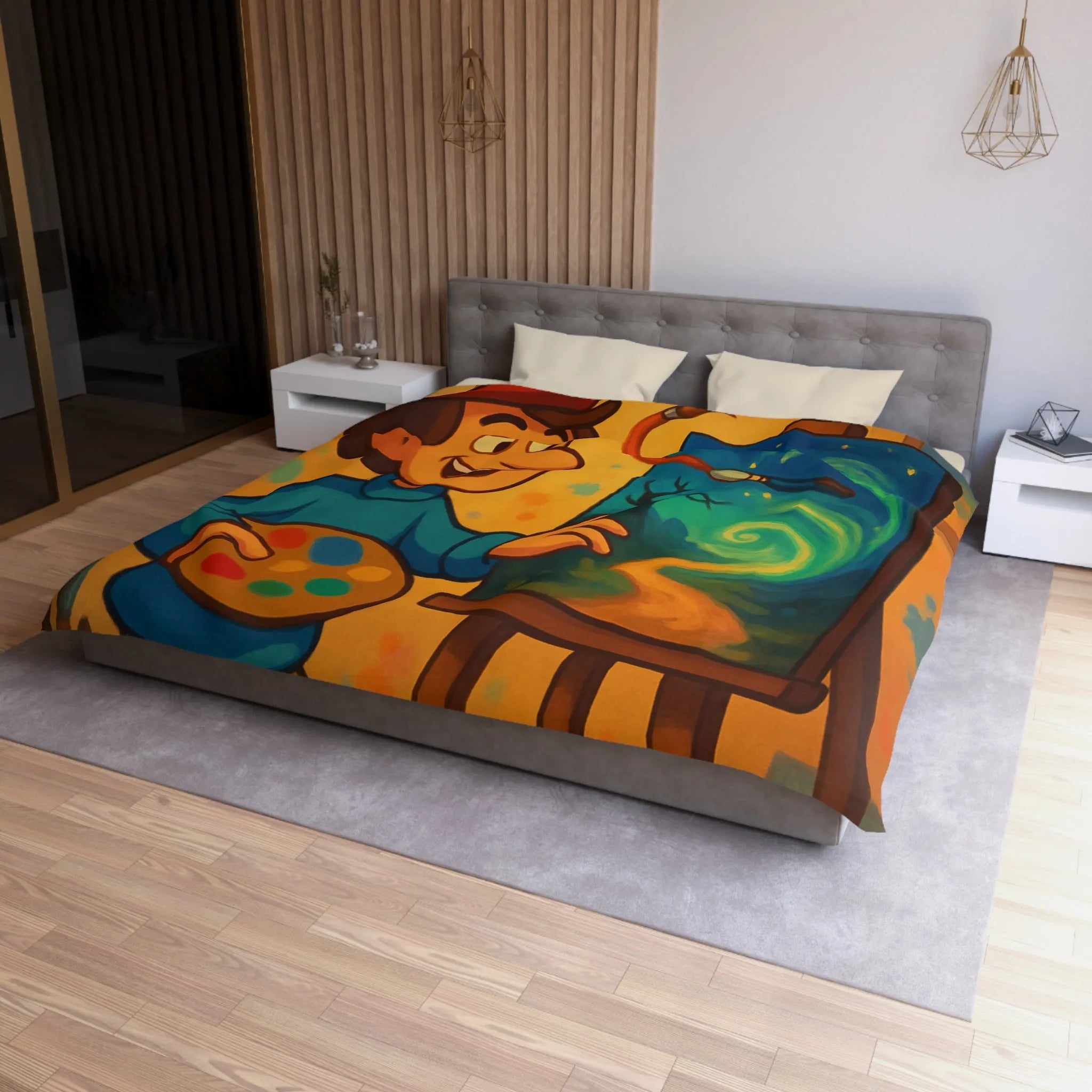 Housse de Couette Colorée avec Peintre Joyeux et Peinture Tourbillonnante Étoilée et Mystique