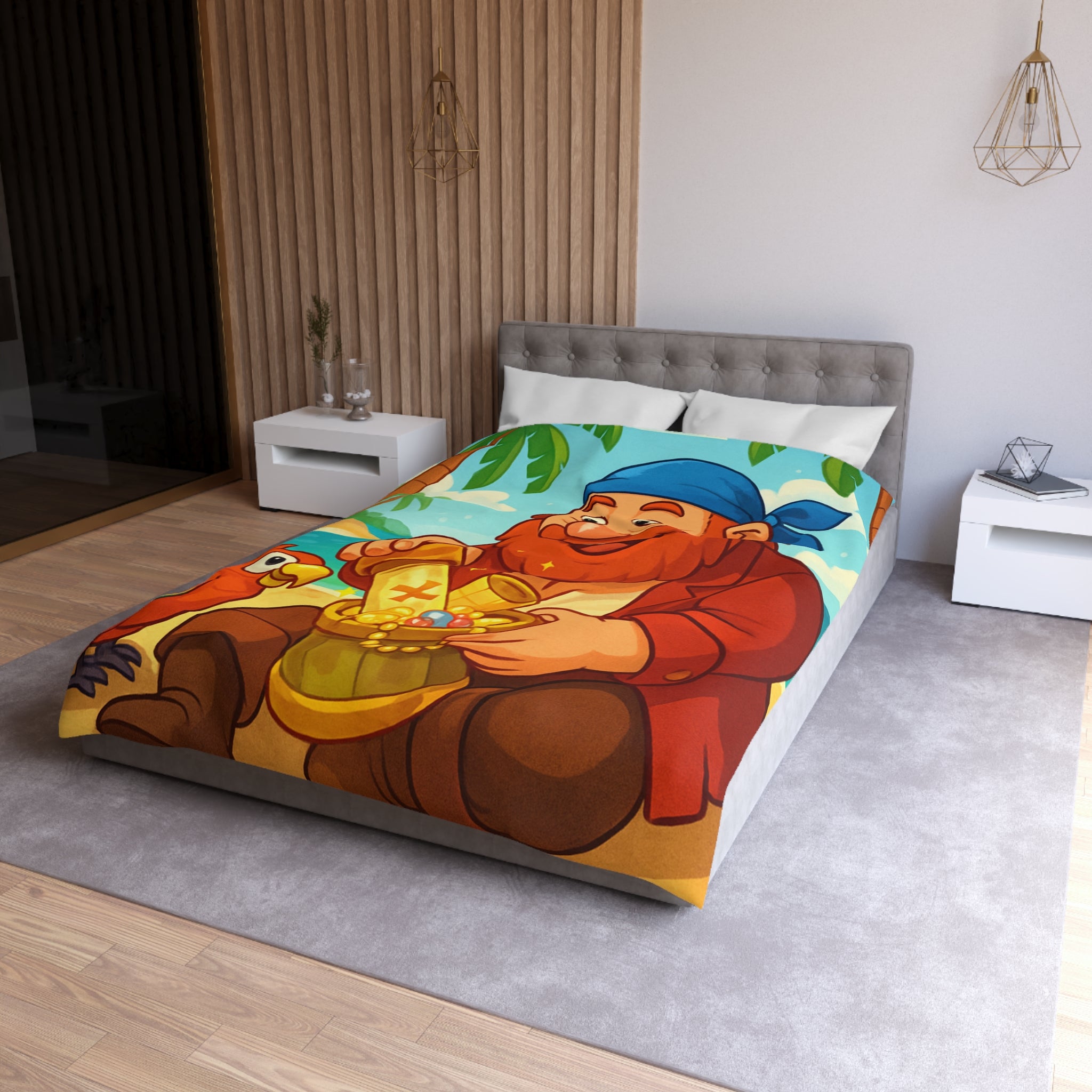 Housse de couette pirate joyeux trésor plage, perroquet coloré, mer et palmiers