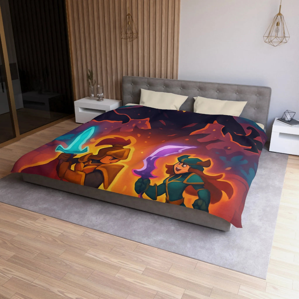 Housse de couette avec illustration fantasy de chevaliers affrontant ombre menaçante au théâtre