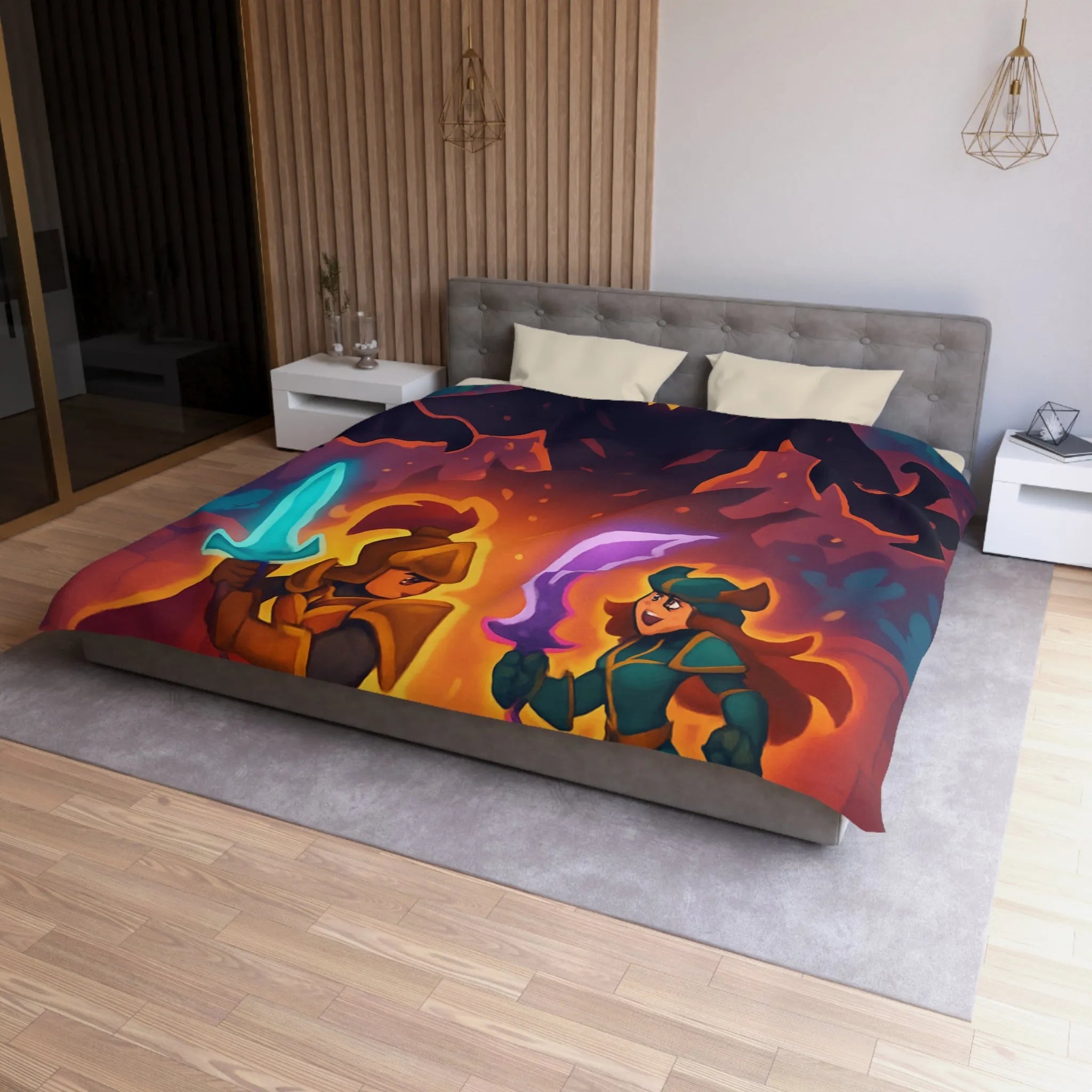 Housse de couette avec illustration fantasy de chevaliers affrontant ombre menaçante au théâtre