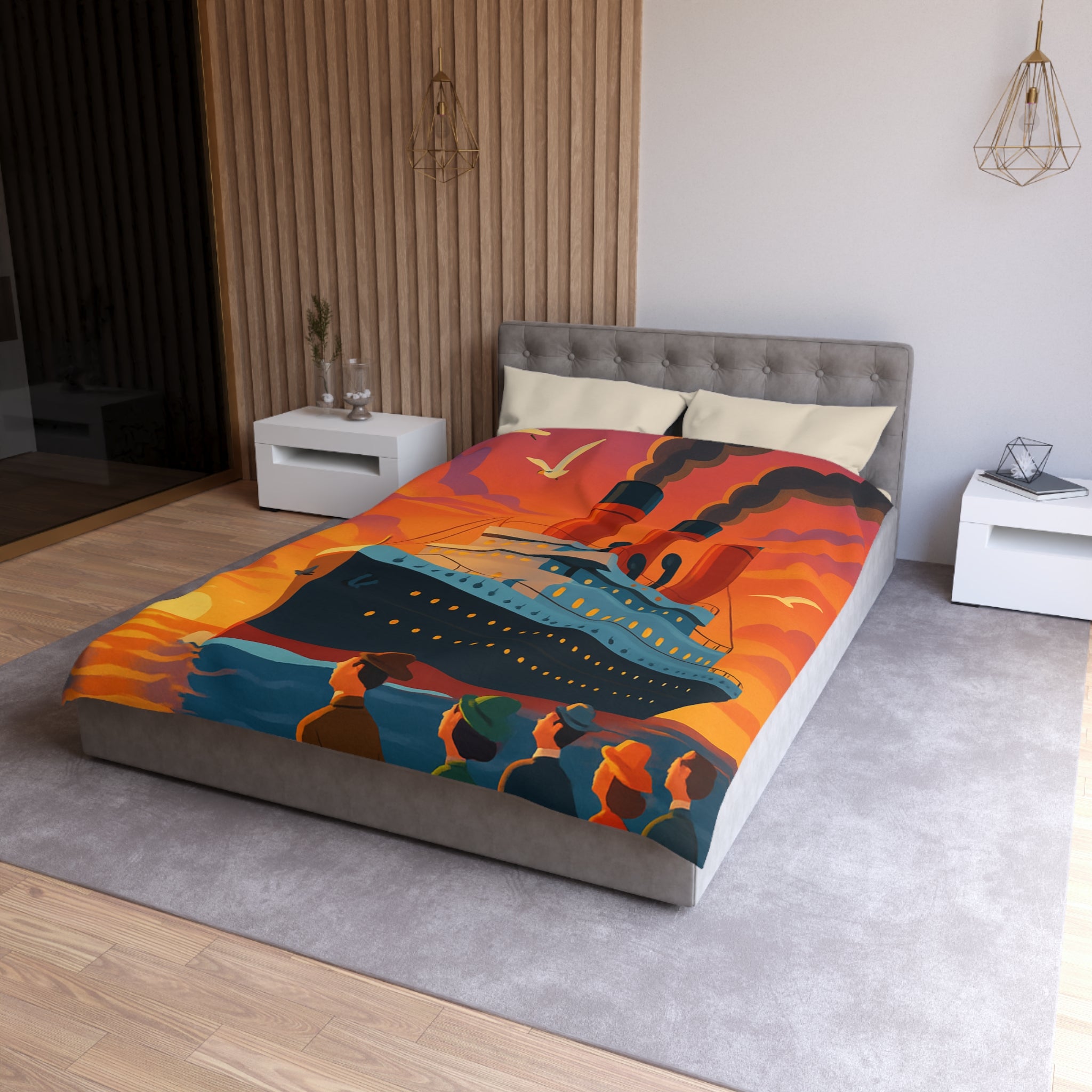 Superbe housse de couette avec paquebot vintage sous un coucher de soleil flamboyant