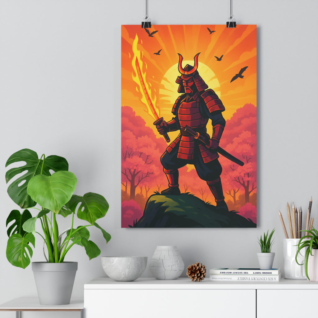 Poster décoratif samouraï rouge flamboyant paysage intense forêt vibrant salon bureau 30x46 épée ambiance