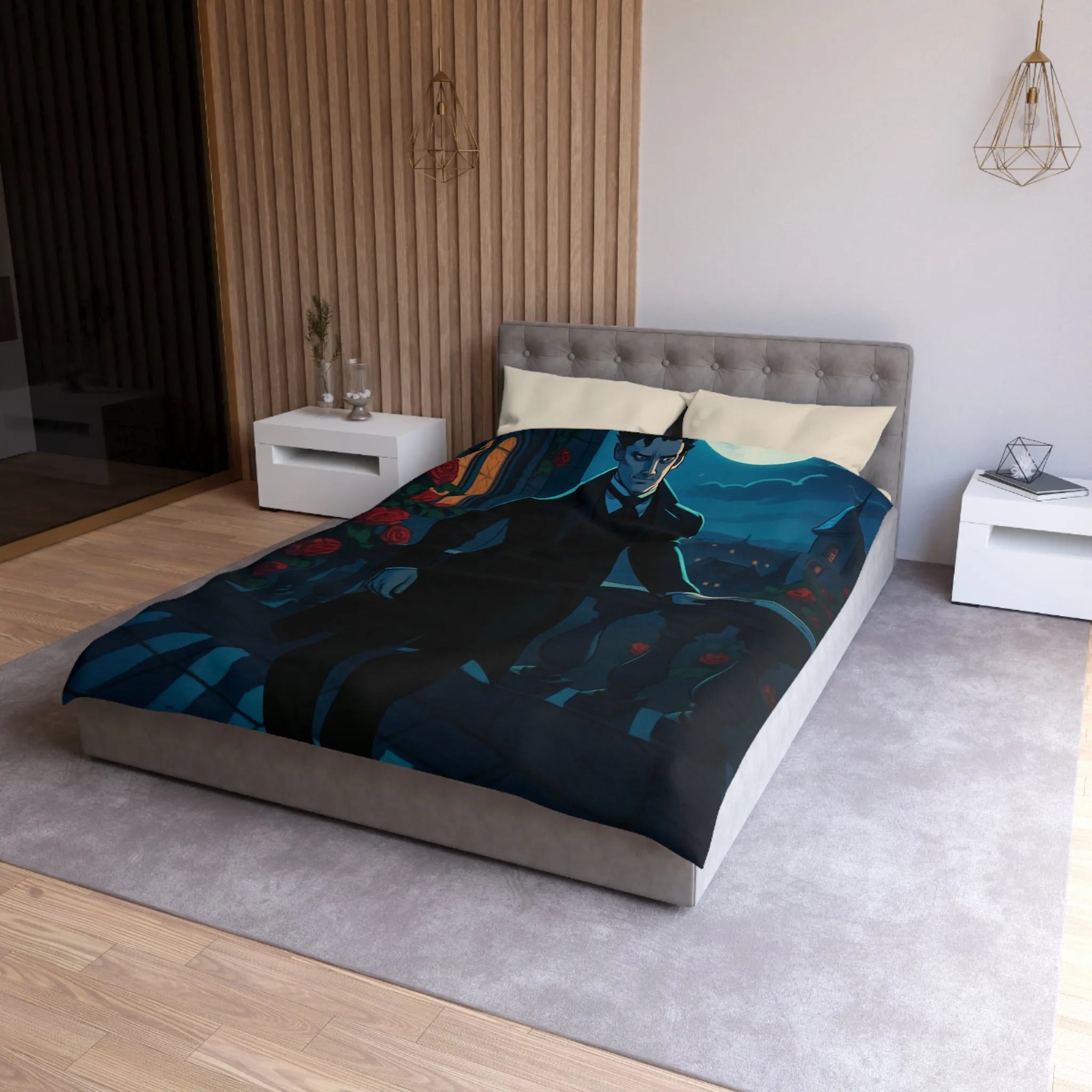 Élégante housse de couette gothique avec lune et roses rouges pour une chambre mystérieuse