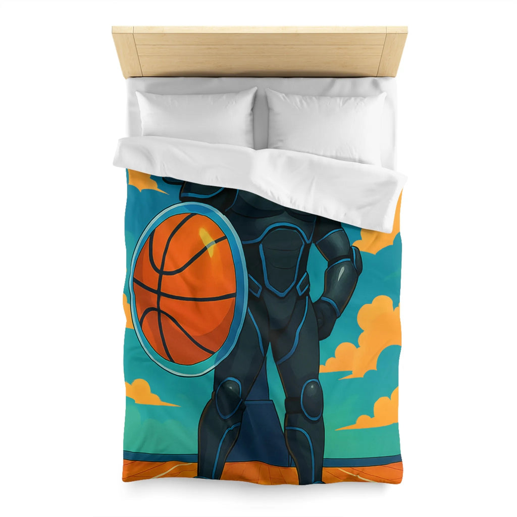 Housse de couette avec illustration d'un joueur de basket héroïque sous un ciel vibrant