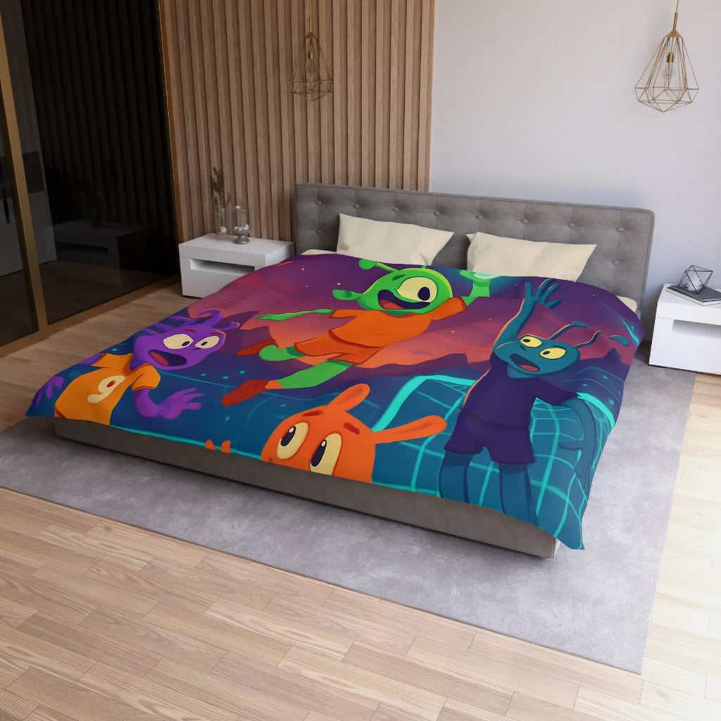 Housse de couette football spatial avec extraterrestres colorés jouant sous un ciel étoilé