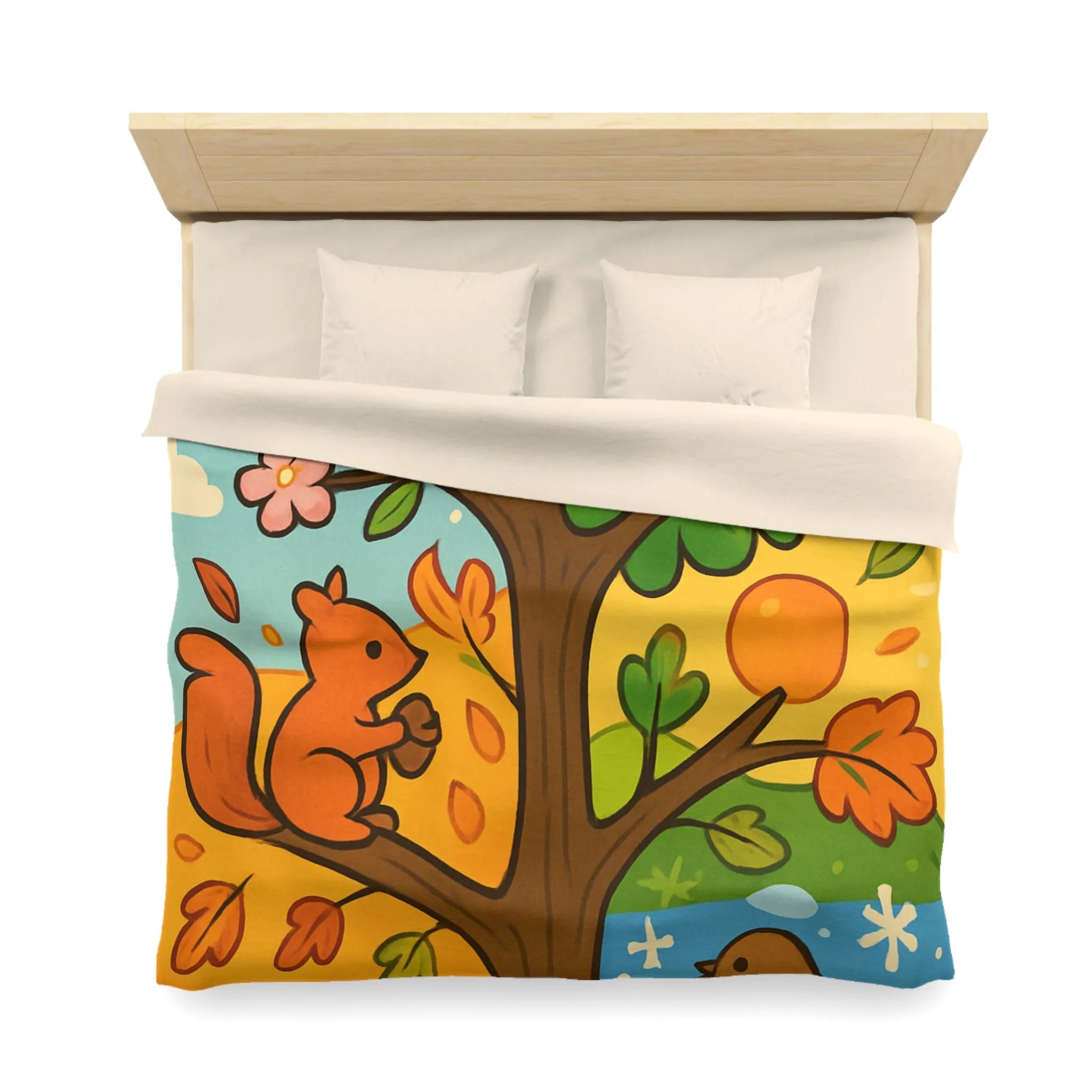 Housse de couette illustrée de l'arbre des quatre saisons avec nature et faune