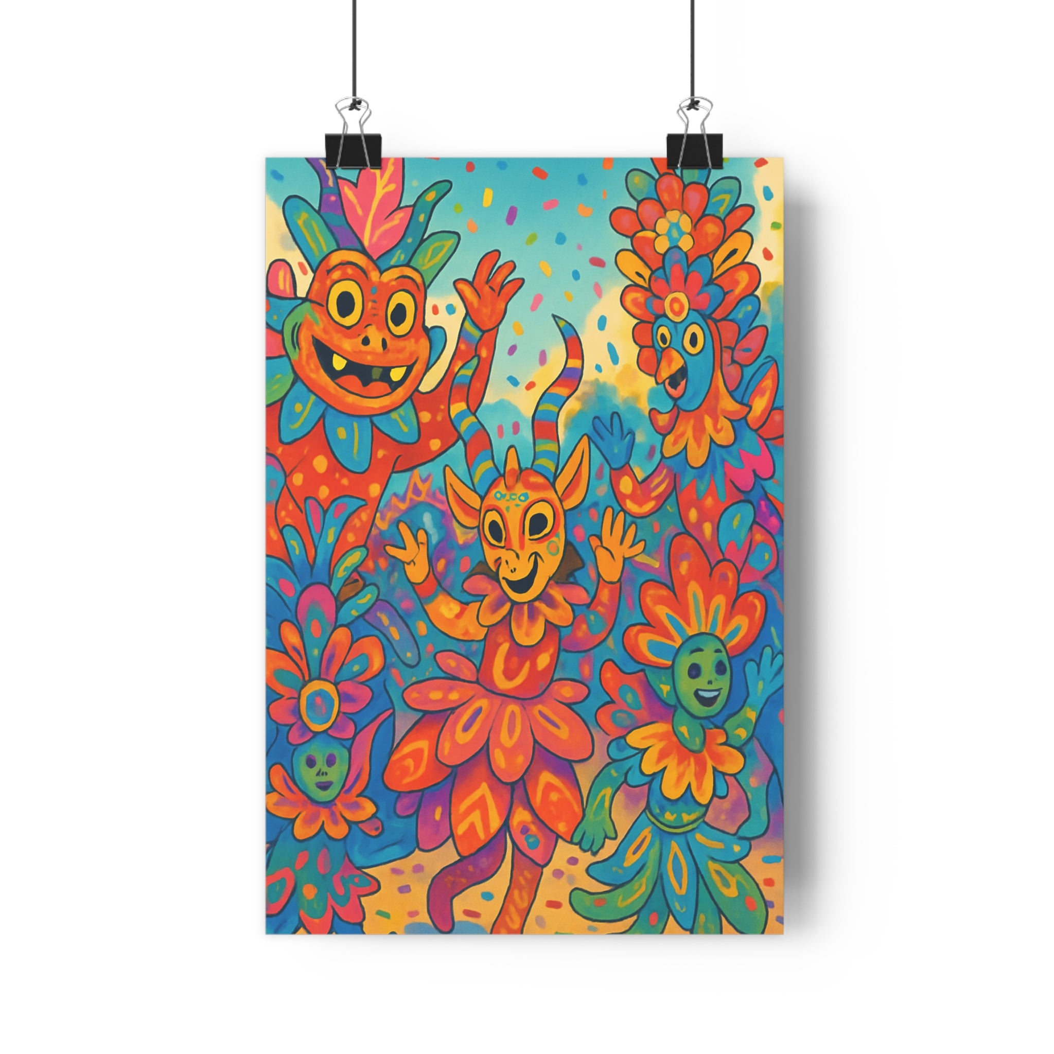 Poster décoratif cartoon coloré joyeux orange bleu rose salon chambre vibrant dynamique personnages motifs