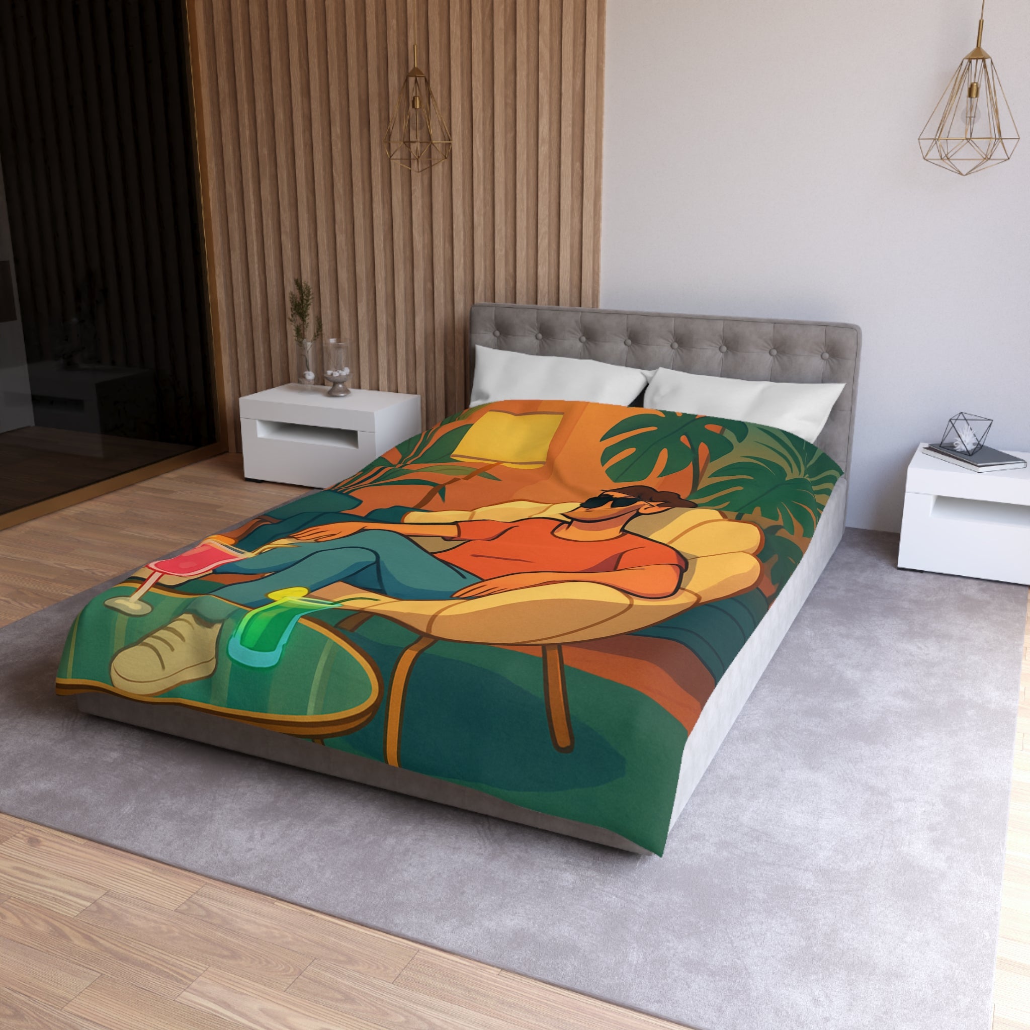 Housse de Couette Tropicale Design Moderne avec Feuilles et Boissons Colorées Style Rétro