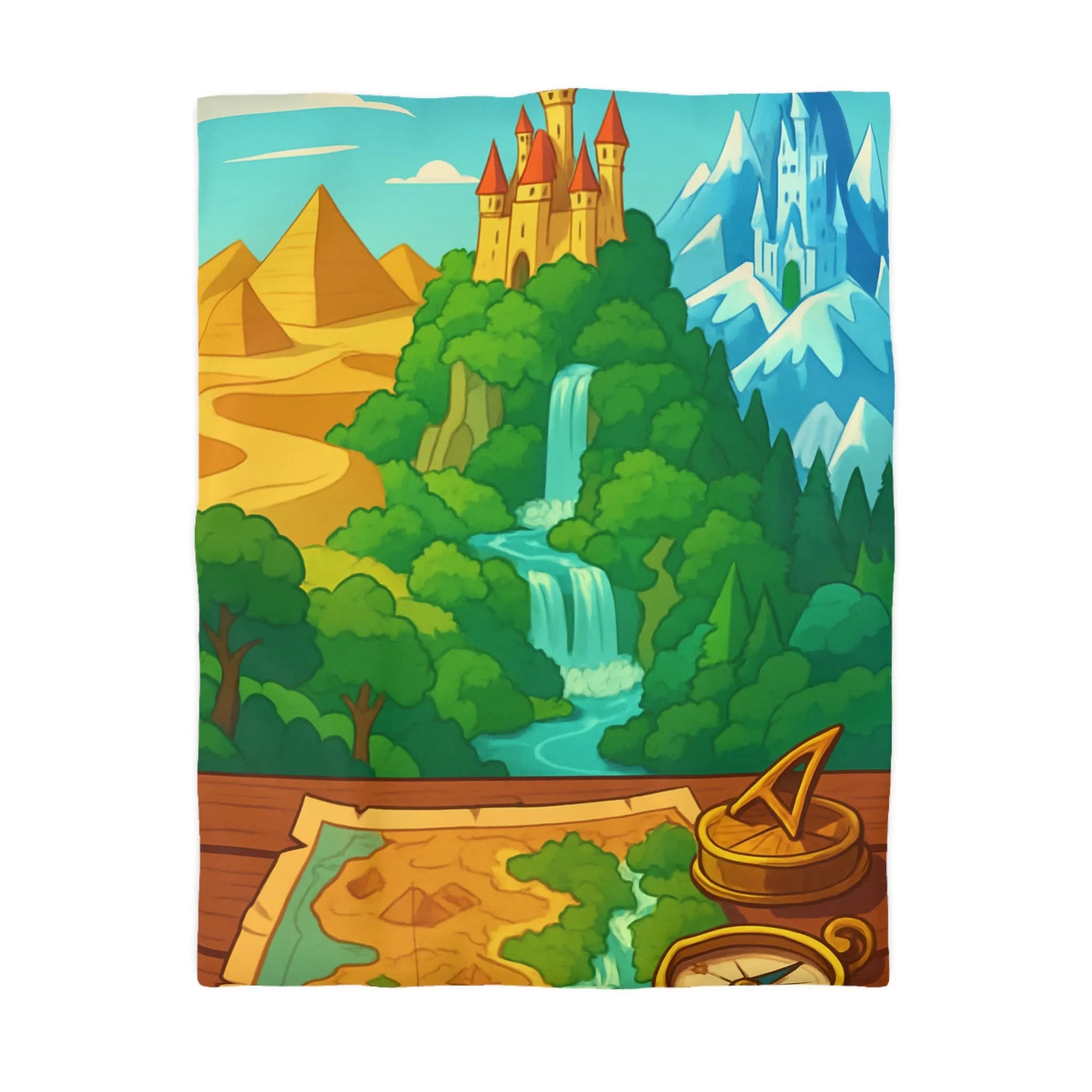 Housse de couette carte au trésor avec châteaux, montagnes et boussole enchanteresse pour enfants
