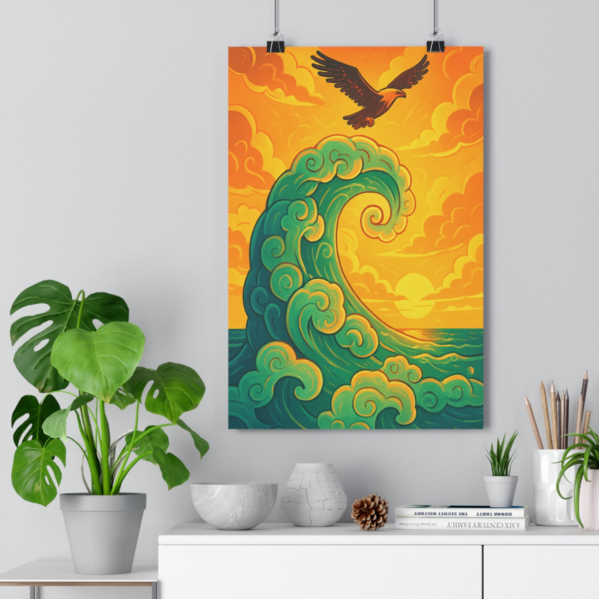 Poster décoratif dessin animé vague aigle pastel orange vert bureau salon dynamisme apaisant qualité